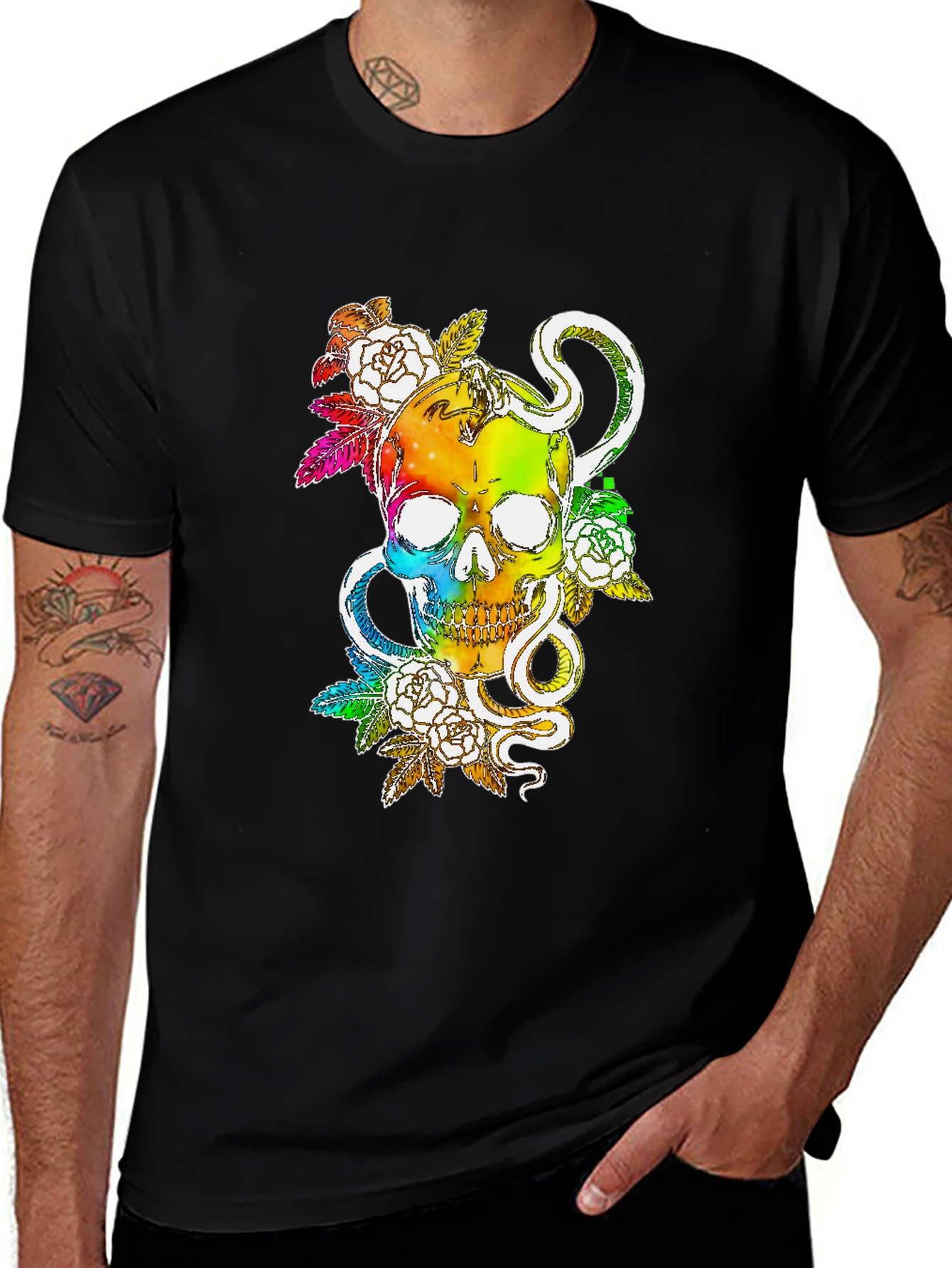 Variant 7 of Rainbow Skull Snake & Roses Graphic Tee