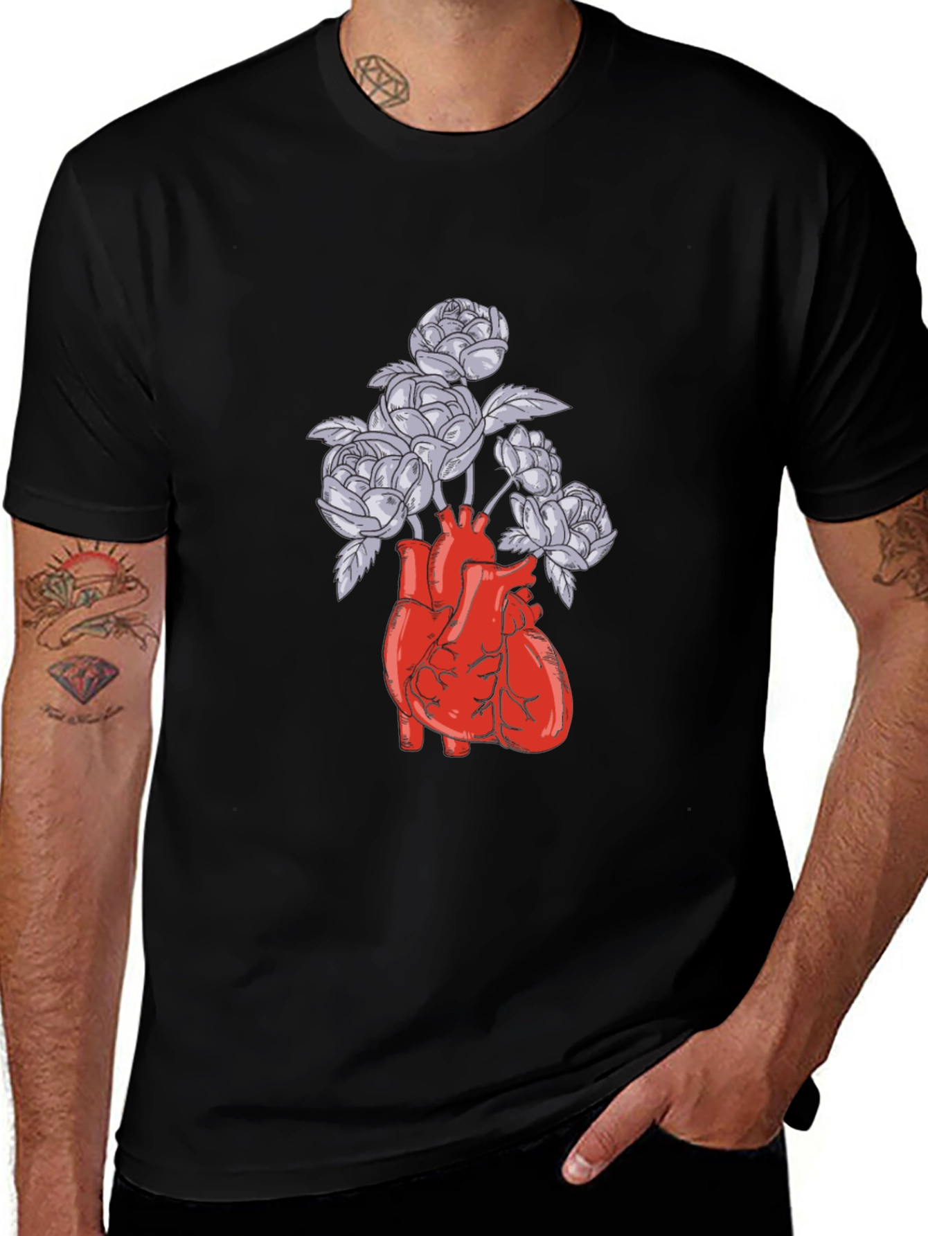Black Anatomical Heart and Flowers Graphic T-Shirt main image