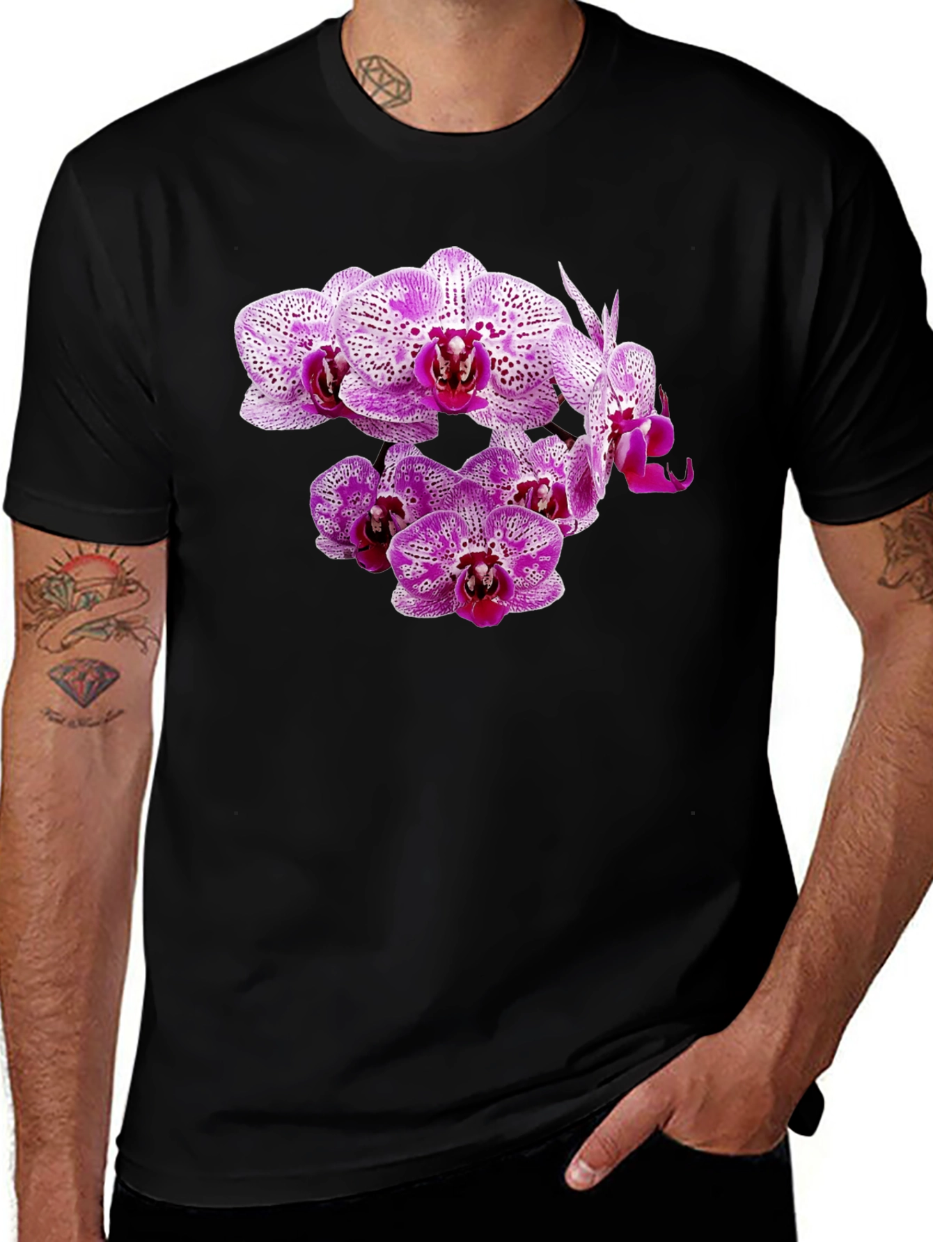 Orchid Print Black T-Shirt