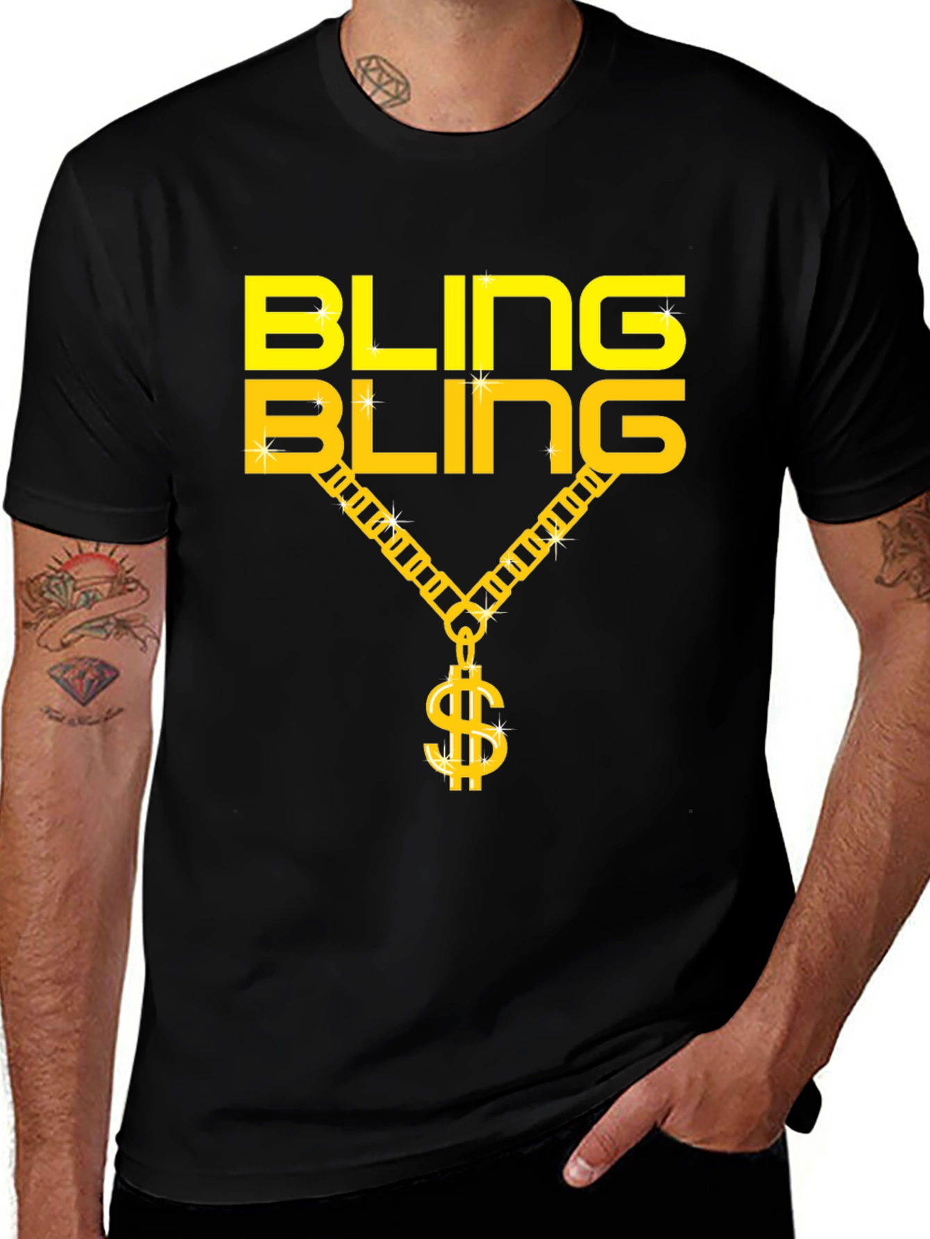 Variant 26 of Bling Bling Gold Chain Dollar Sign Black T-Shirt