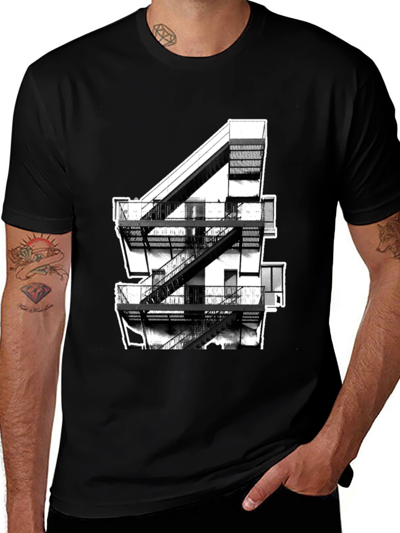 Urban Fire Escape Graphic Tee - Black Cotton T-Shirt