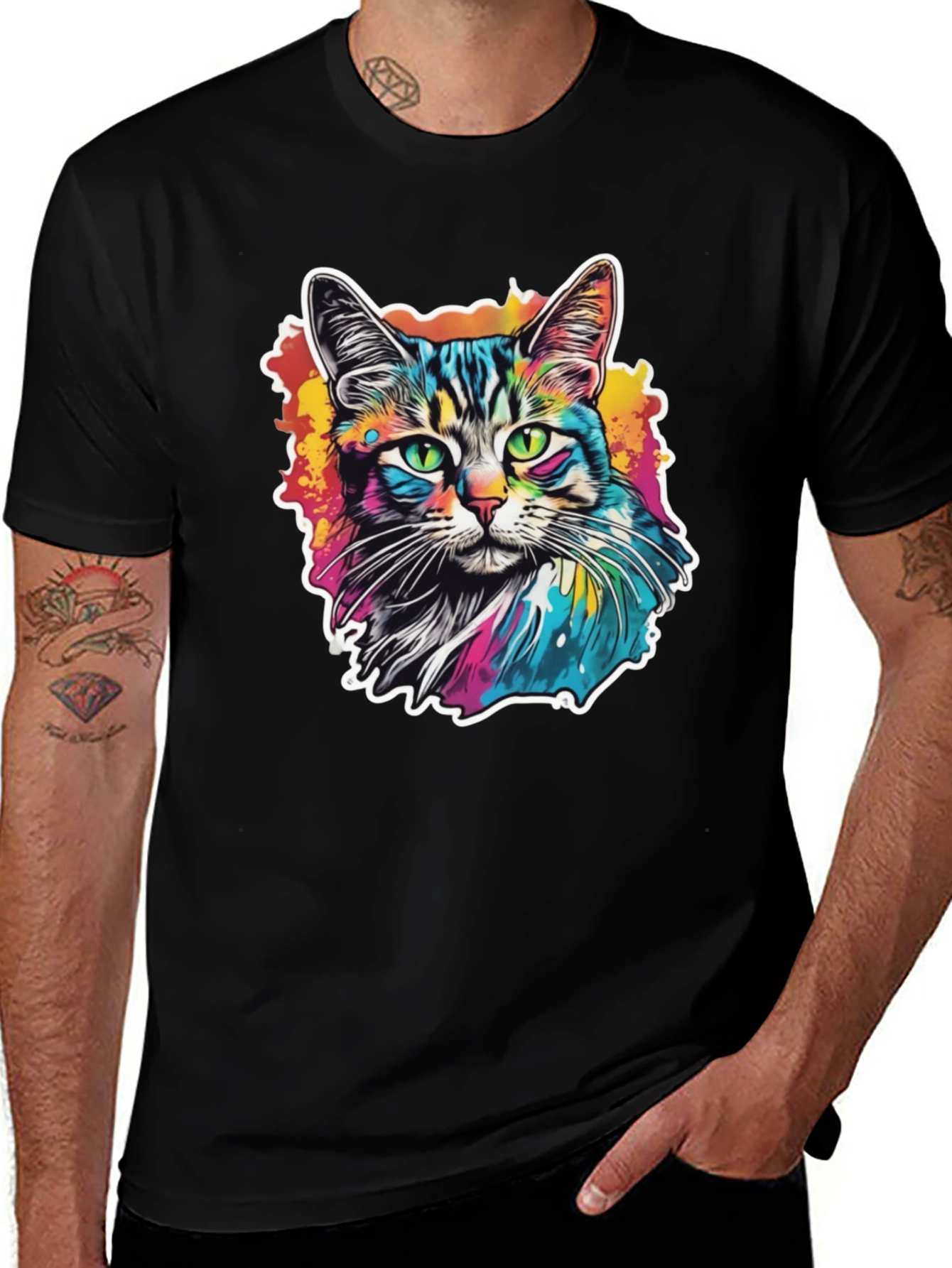 Variant 5 of Colorful Cat Graphic Tee - Artistic Black T-Shirt