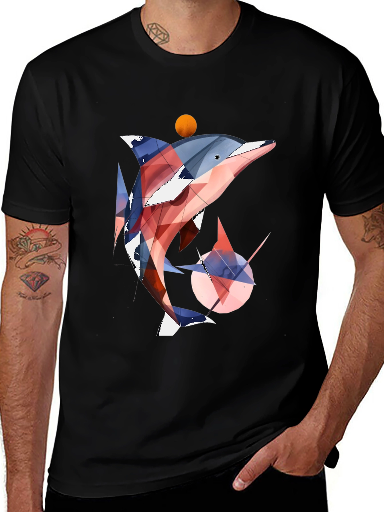Variant 9 of Geometric Dolphin Graphic Tee - Black Cotton Blend Casual T-Shirt