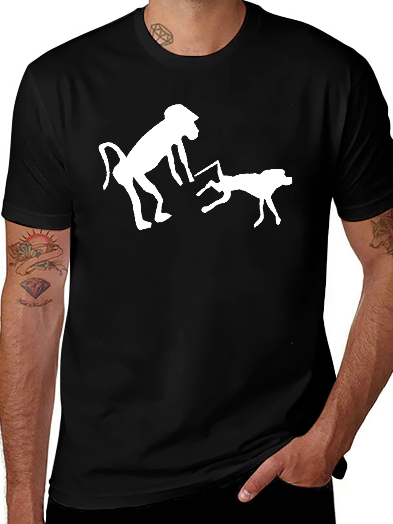 Variant 17 of Novelty Black T-Shirt with Monkey & Dog Graphic