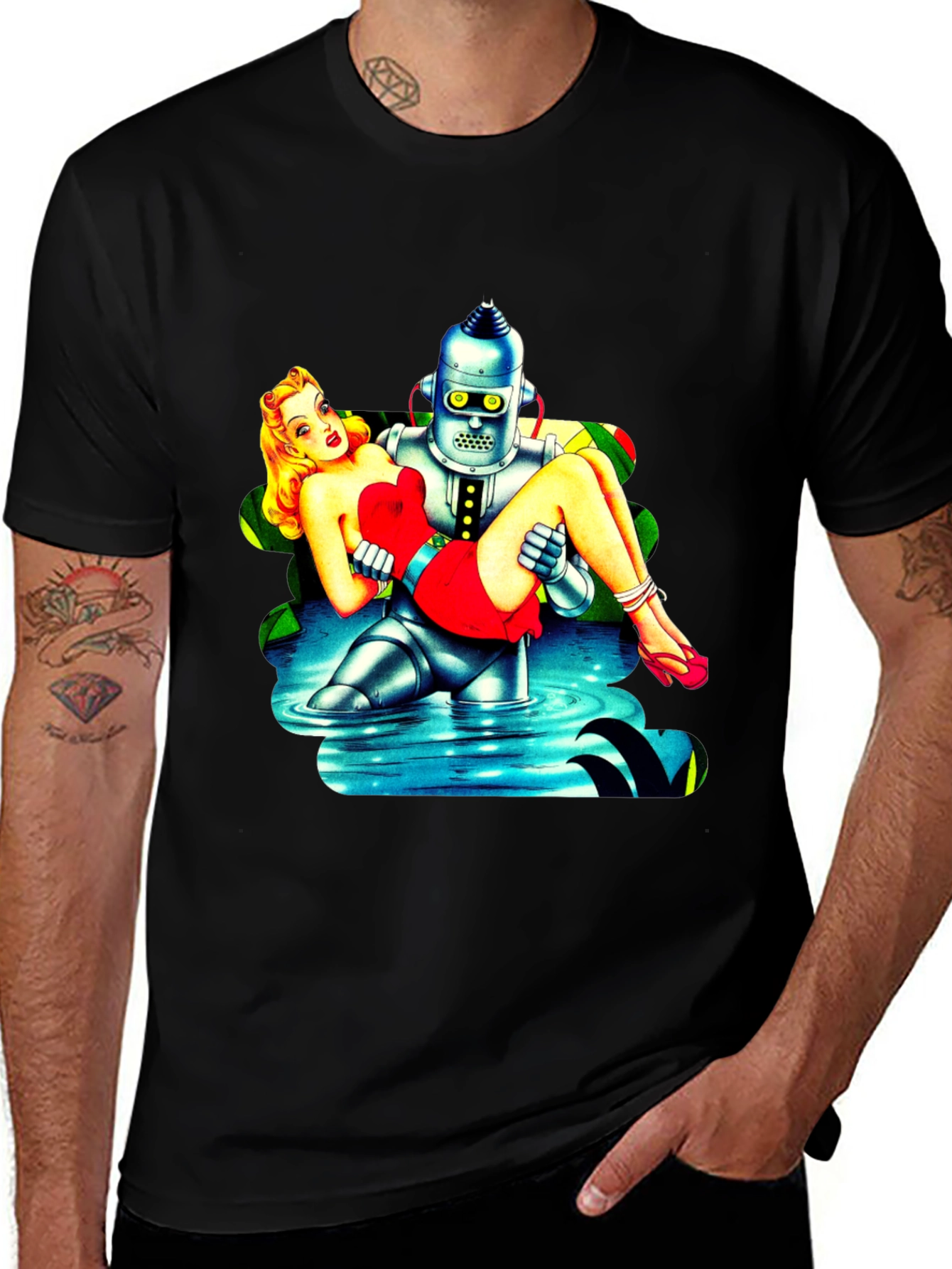 Variant 13 of Retro Robot Rescues Pin-Up T-Shirt