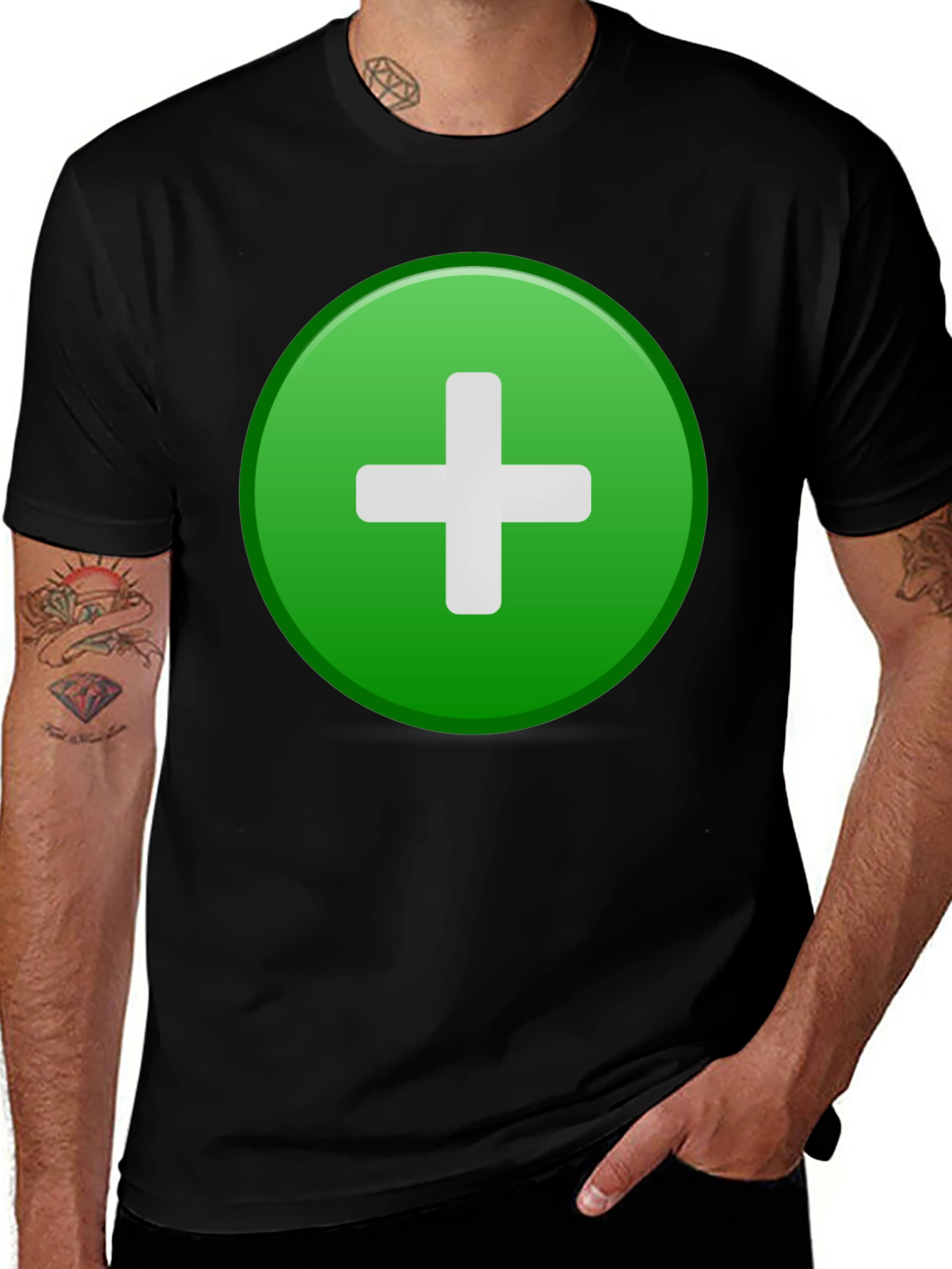Green Plus Sign Graphic Black T-Shirt