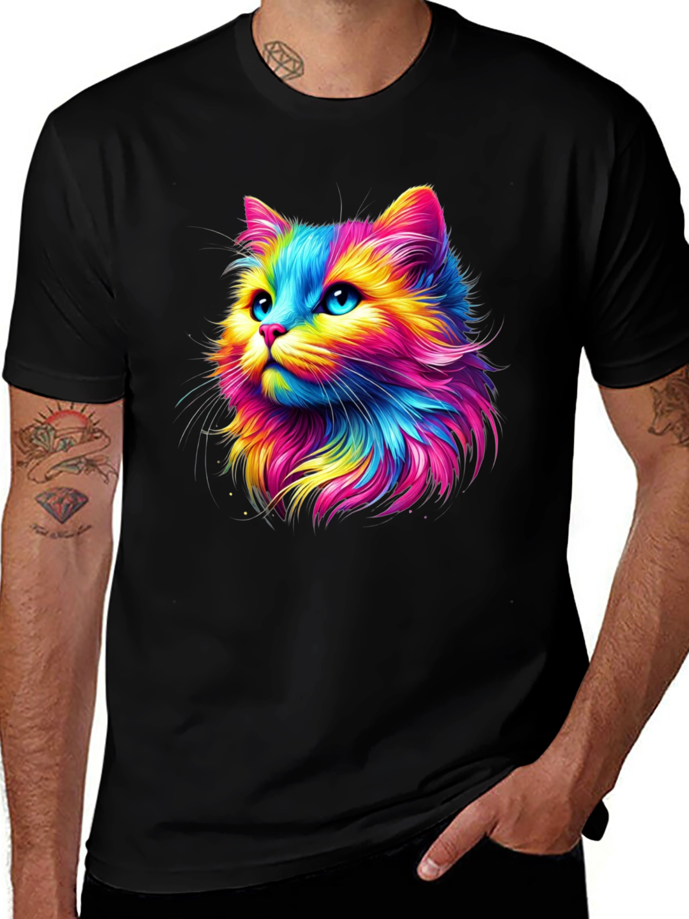 Variant 12 of Rainbow Cat Graphic Tee - Soft Black Cotton T-Shirt