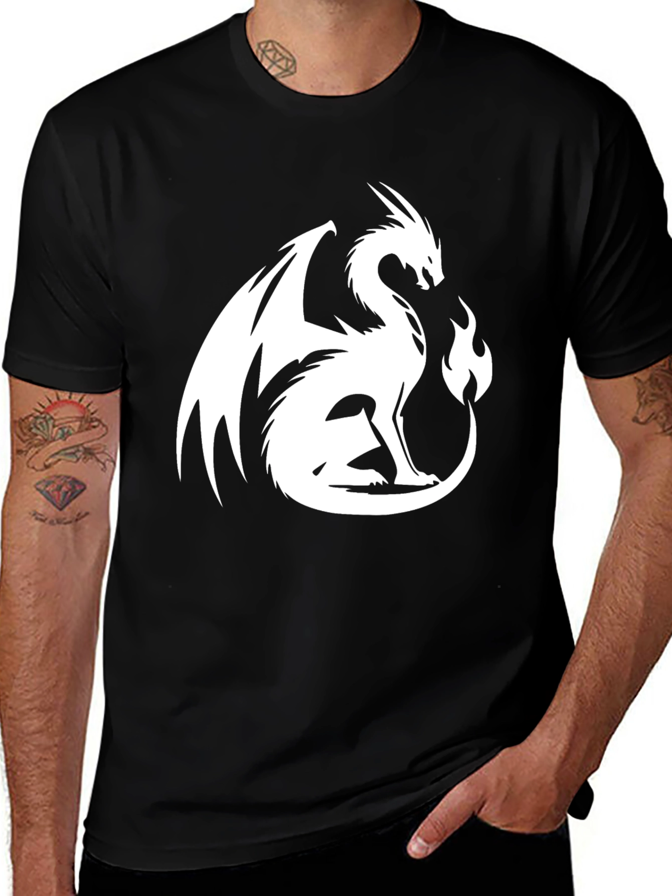 Variant 13 of Dragon Graphic Tee - Black Shirt with White Dragon Print