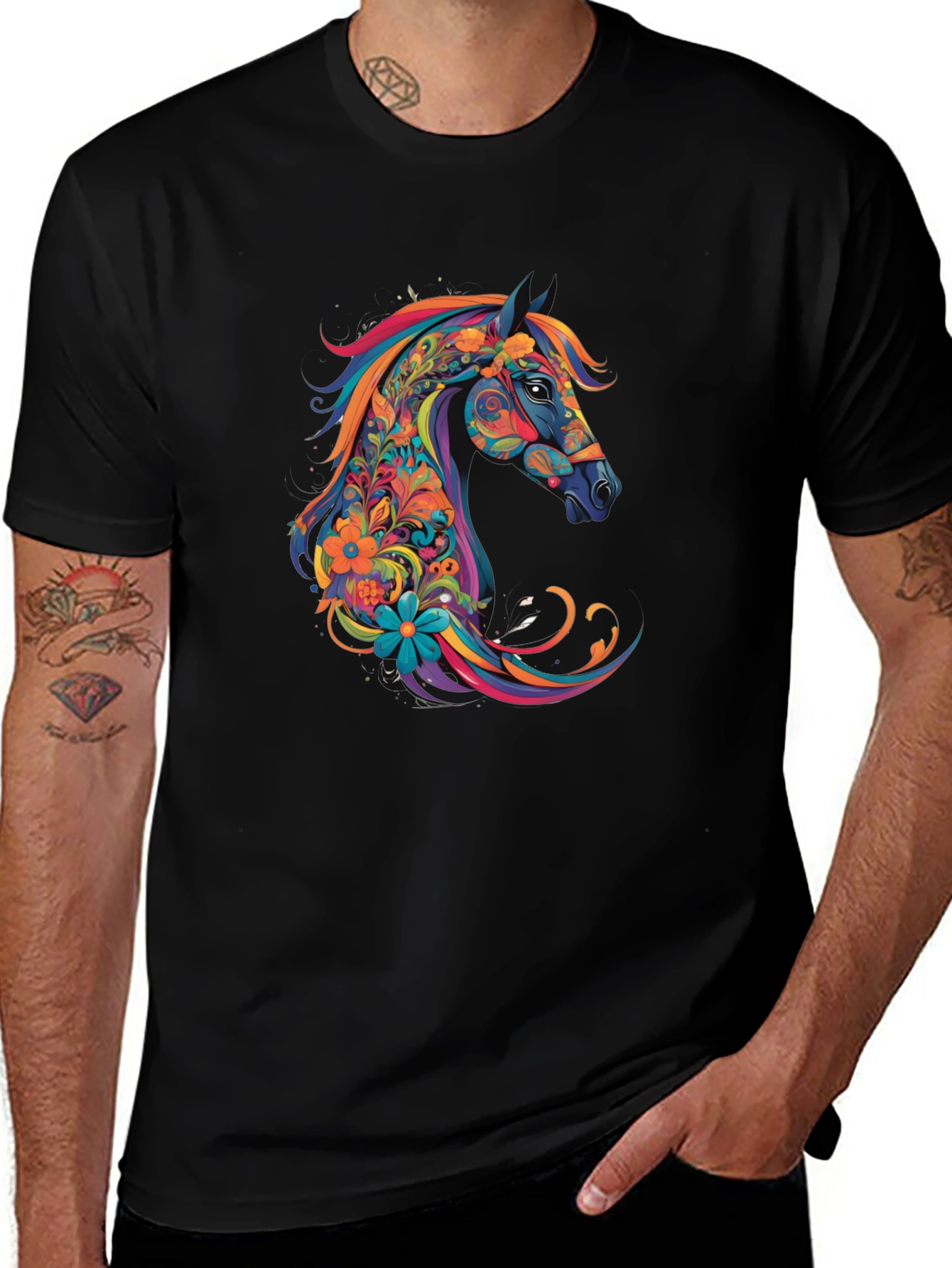 Colorful Horse Graphic Tee - Men's Black T-Shirt