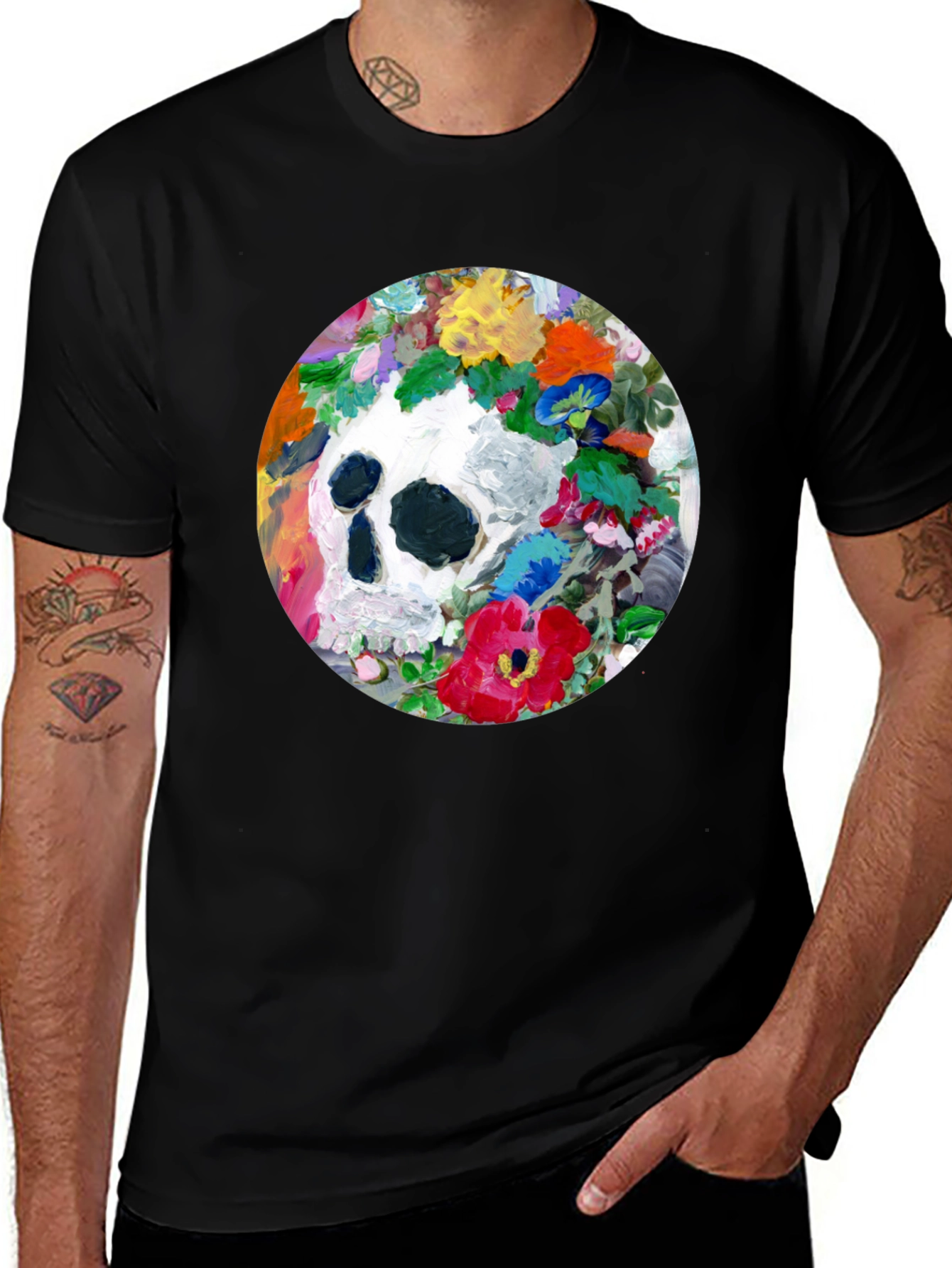 Variant 26 of Floral Skull T-Shirt: Black Crew Neck Tee