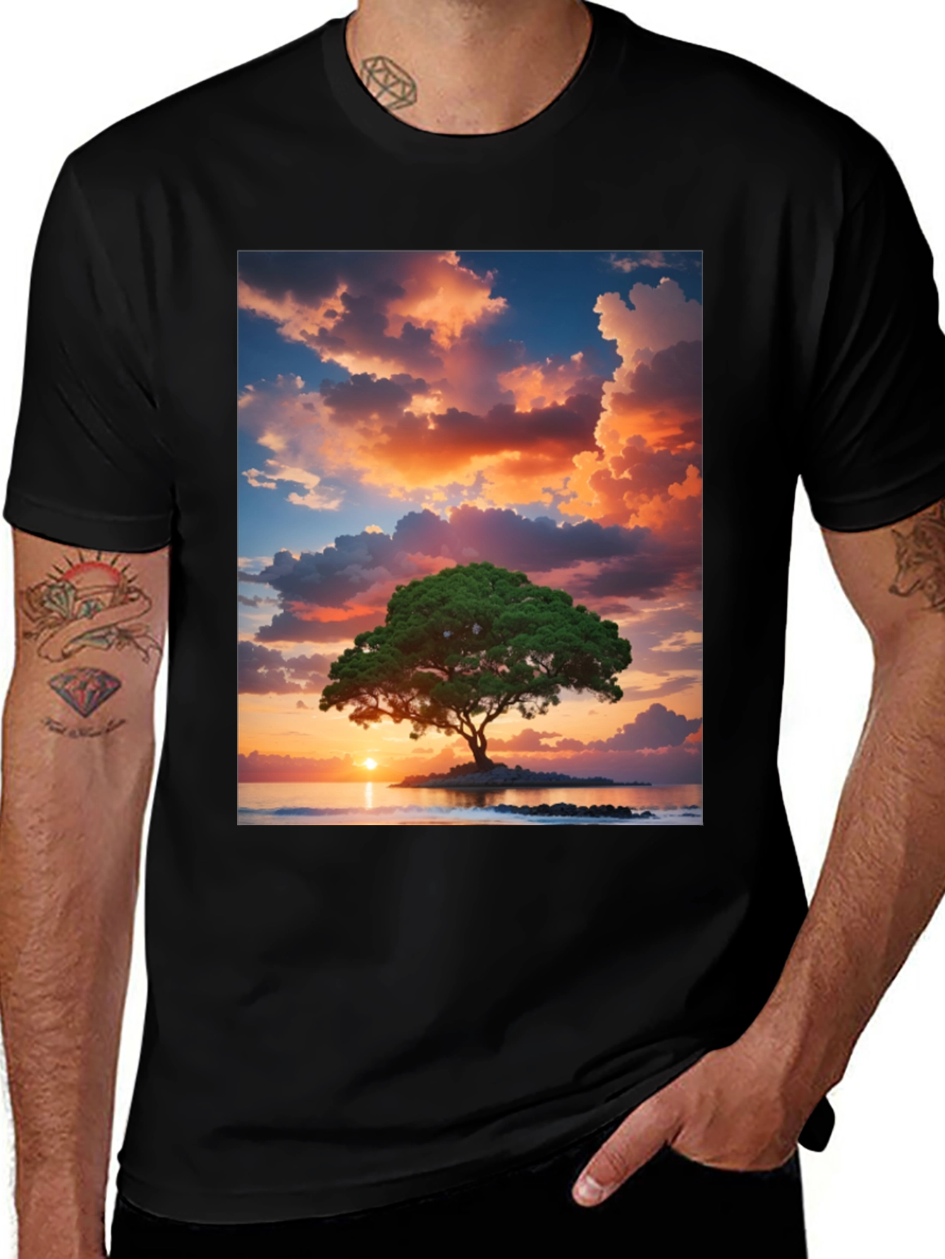 Camiseta Negra con Diseño de Árbol al Atardecer
