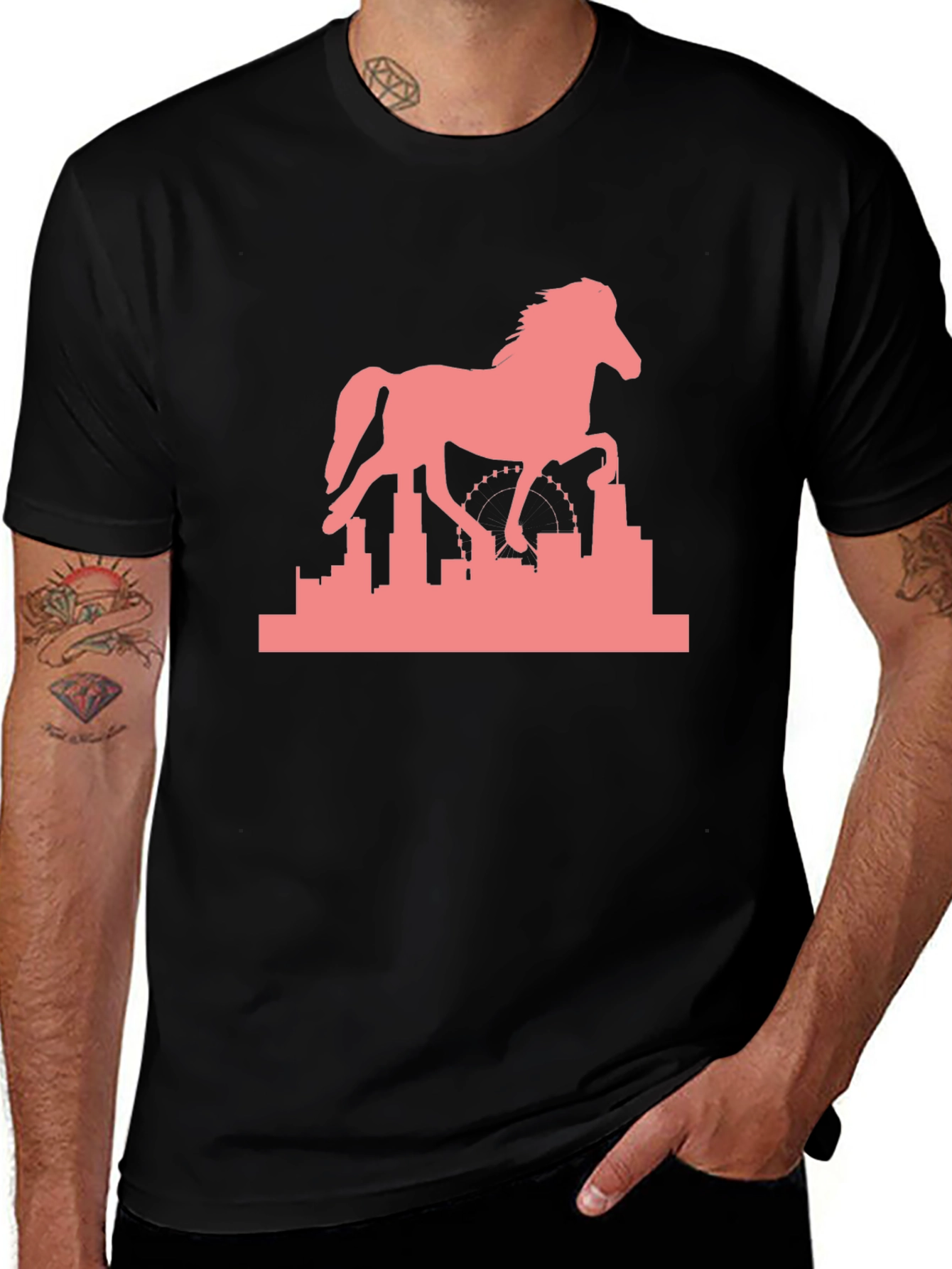 Variant 7 of Horse and City Skyline Black T-Shirt
