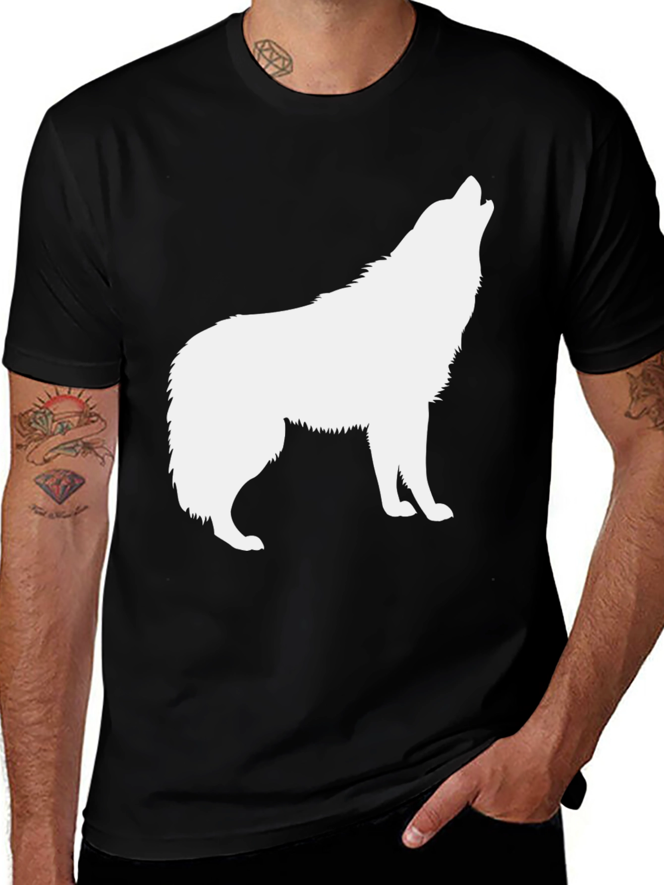 Variant 15 of Men's Black T-Shirt with White Wolf Graphic