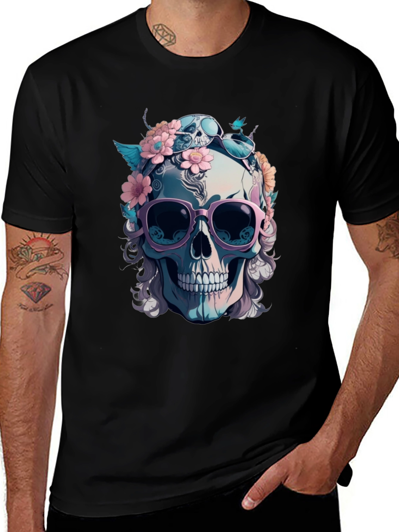 Variant 9 of Skull & Flowers Graphic Tee - Men's Black Cotton T-Shirt