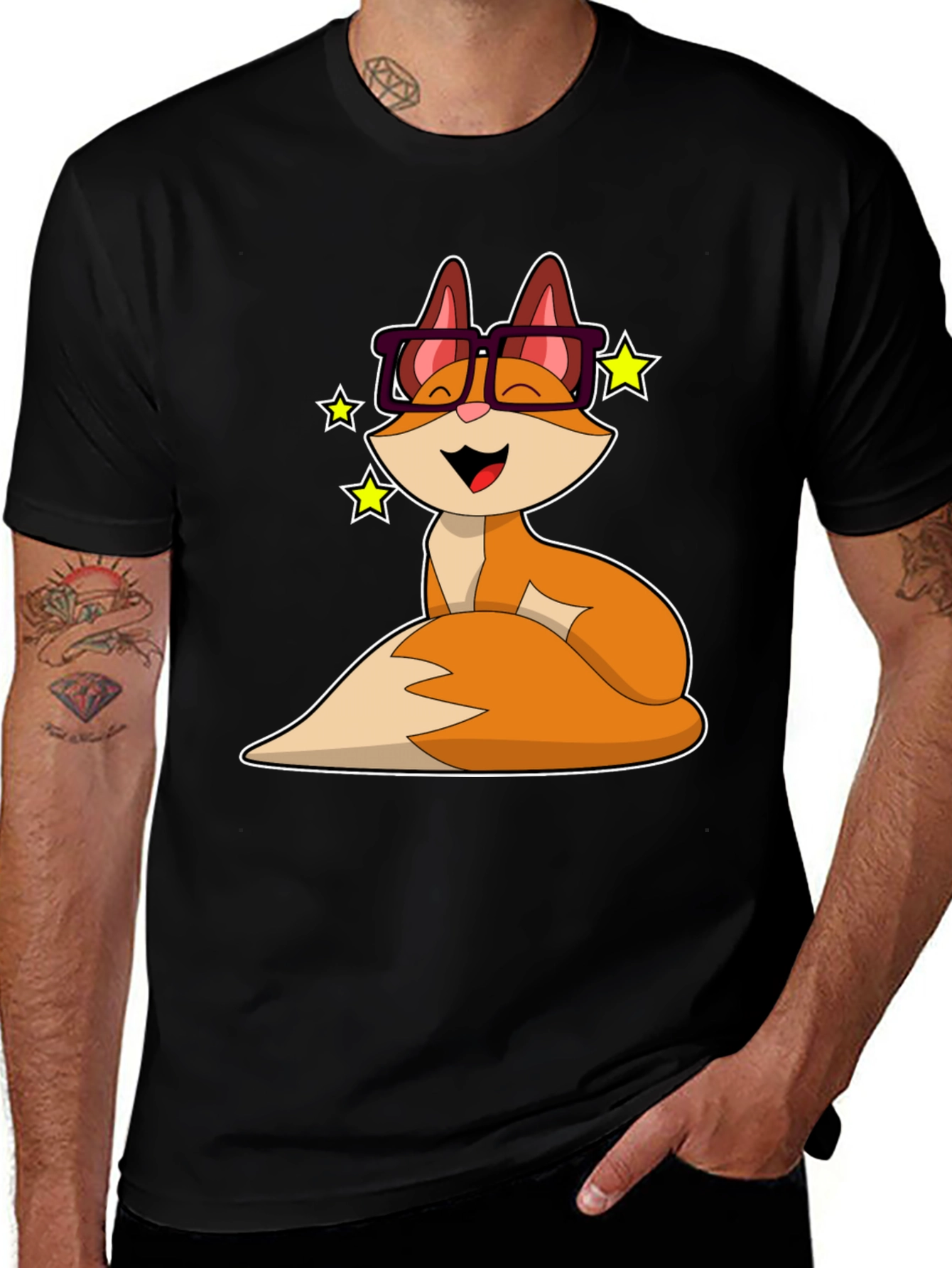 Variant 14 of Cartoon Fox in Glasses Graphic Tee - Unisex Black T-Shirt