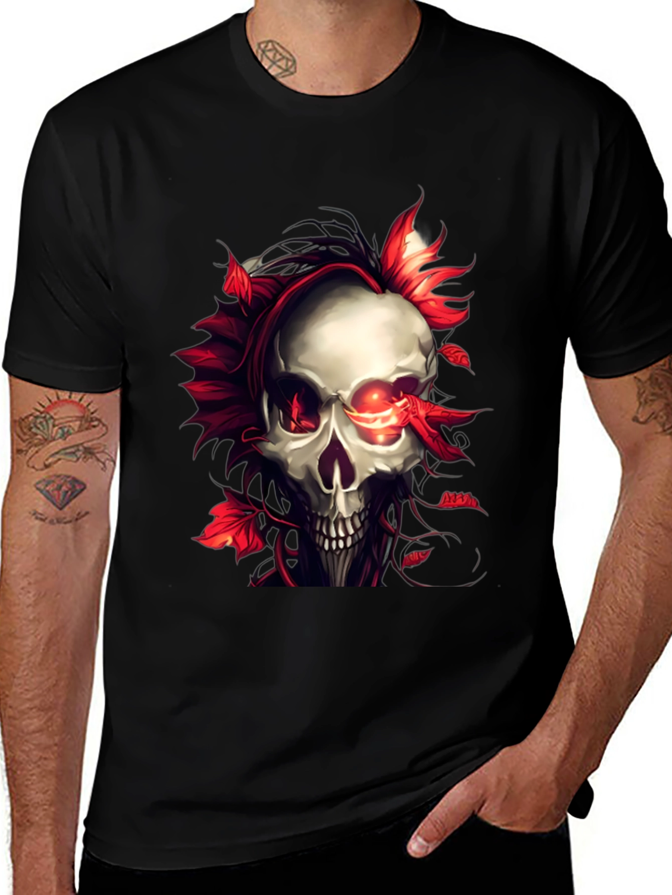 Variant 24 of Skull and Red Leaf Graphic Print Black T-Shirt
