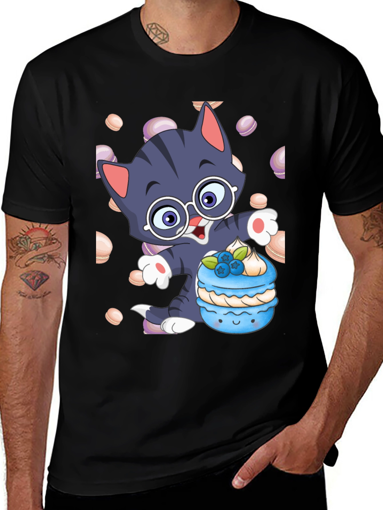 Variant 15 of Cute Cartoon Cat with Macaron T-Shirt