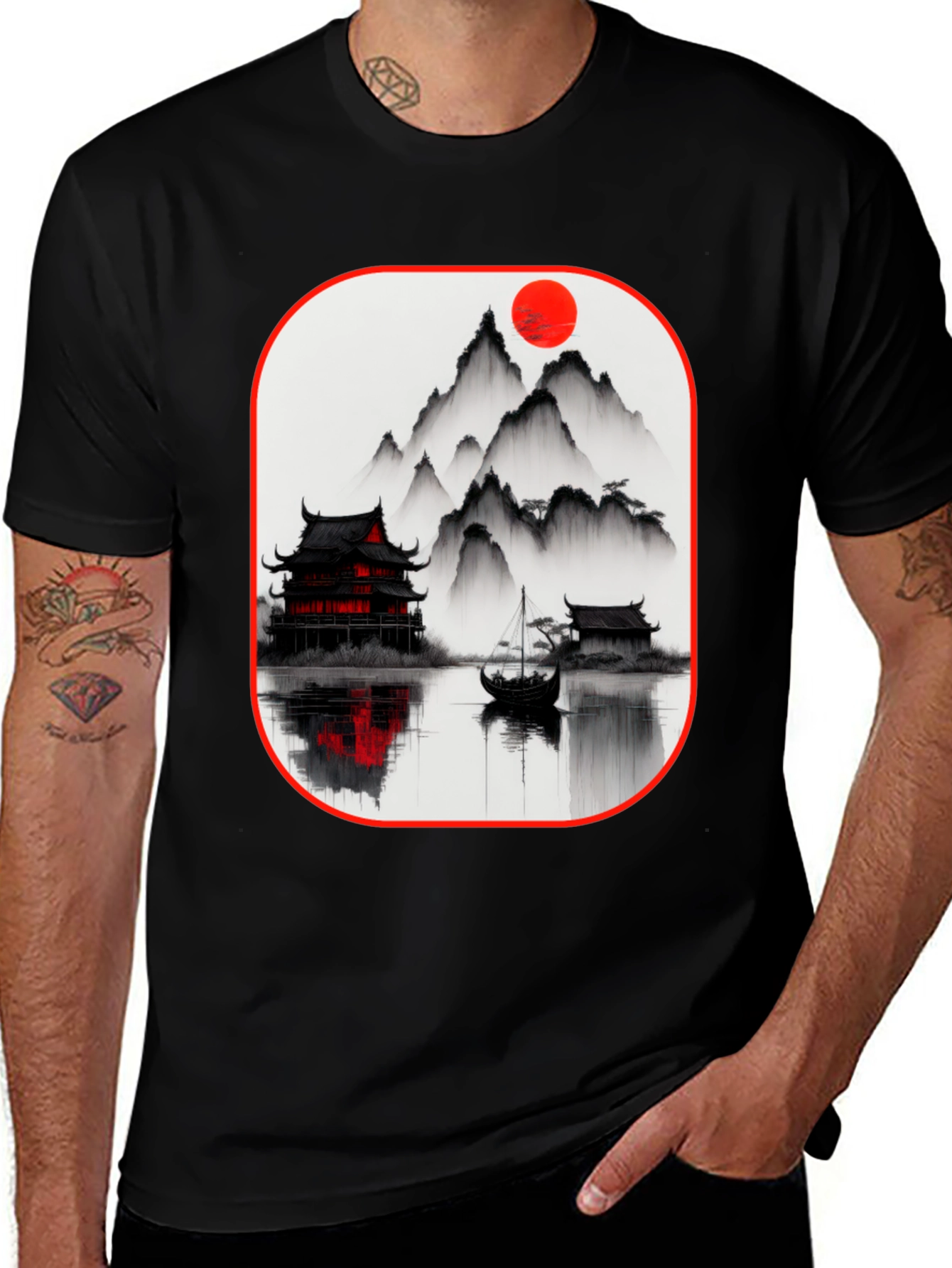 Variant 23 of Oriental Landscape Black T-Shirt