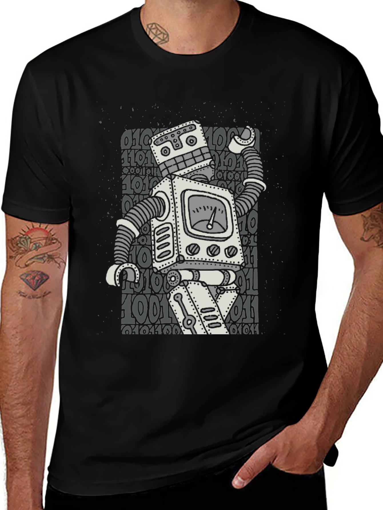 Variant 16 of Retro Robot Graphic T-Shirt - Black Cotton Blend