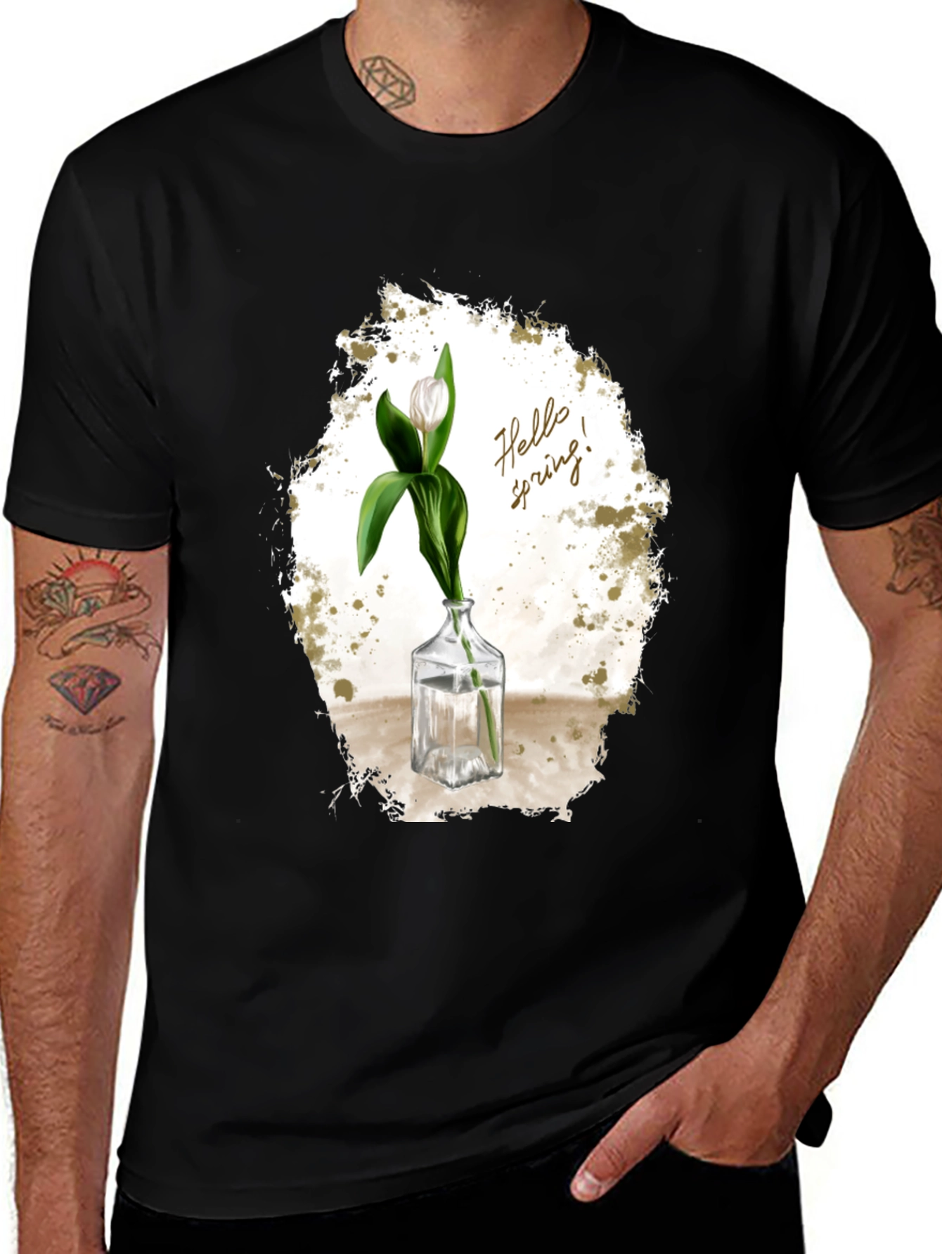 Black T-Shirt with Floral 'Hello Spring!' Design