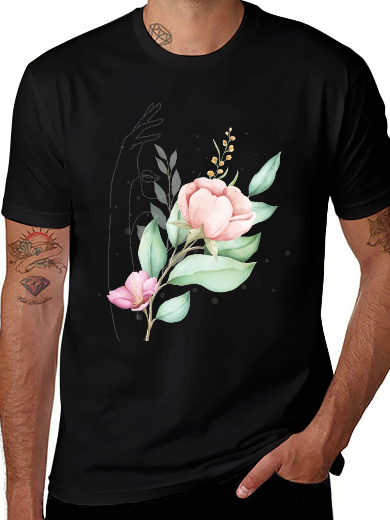Variant 16 of Elegant Floral Print Black T-Shirt