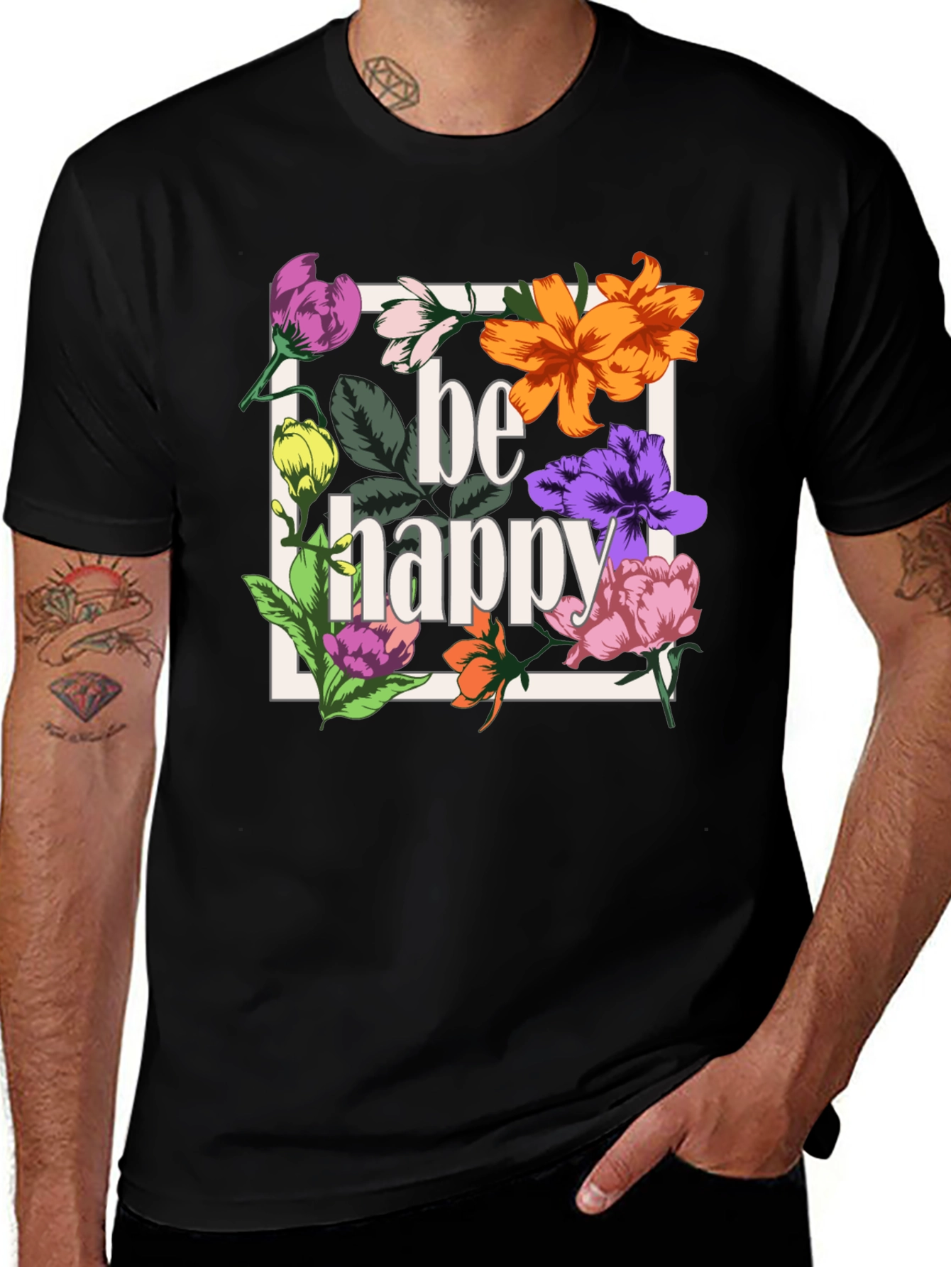 Variant 16 of Be Happy Floral Graphic T-Shirt - Black