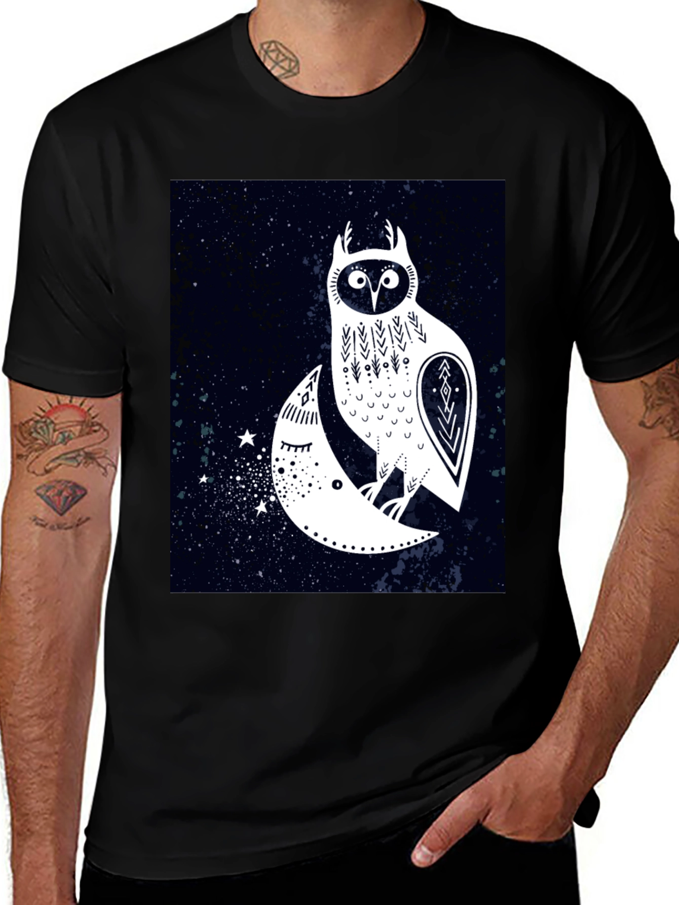 Variant 17 of Owl and Moon Graphic Tee - Black Cotton T-Shirt