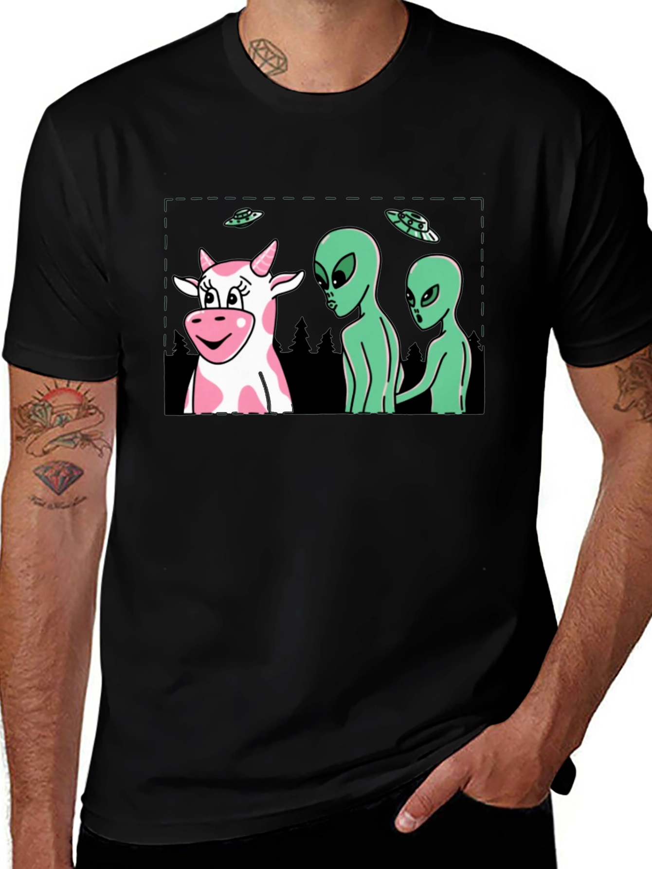 Variant 7 of Alien Cow Abduction Black Graphic Tee