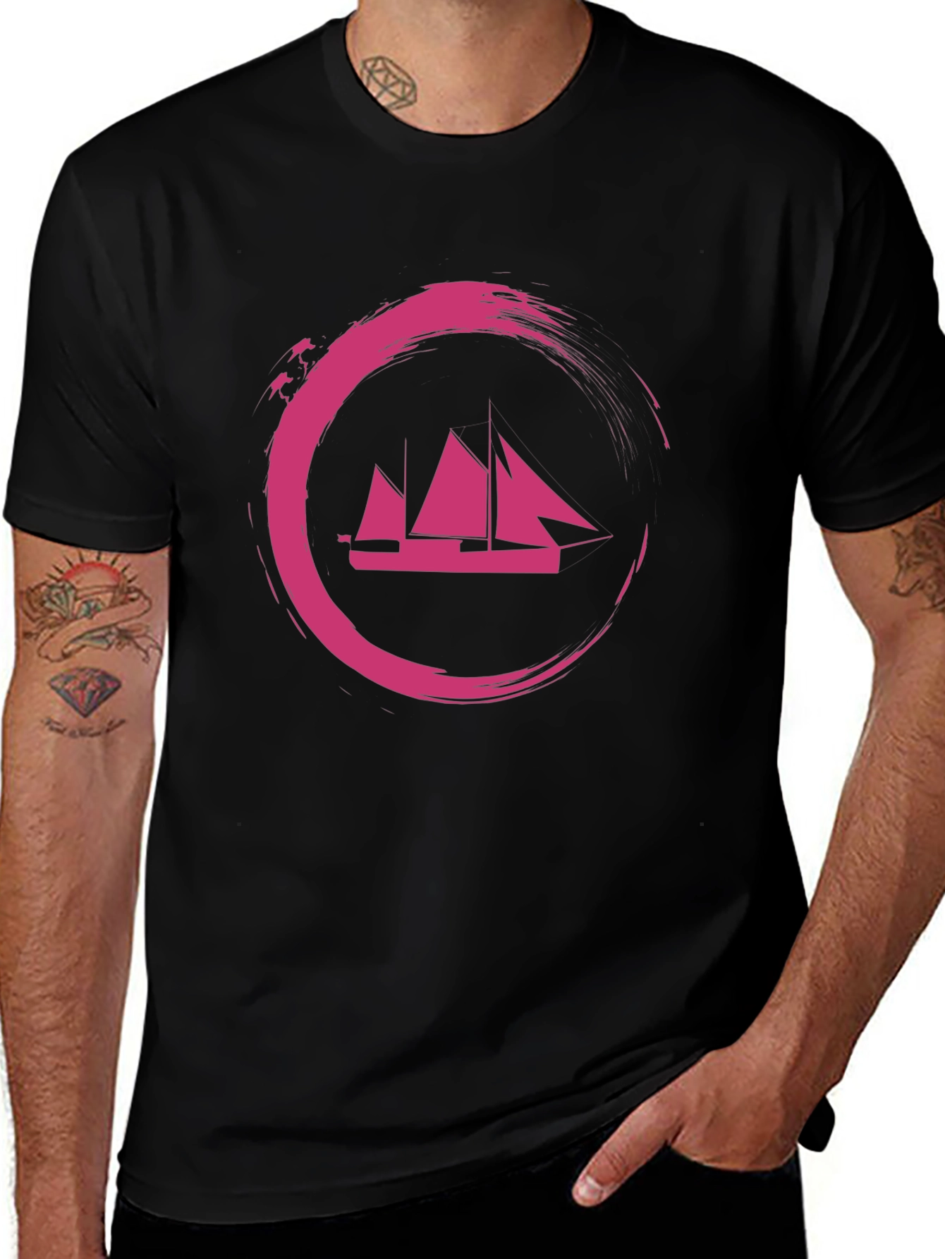 Variant 9 of Men's Black T-Shirt with Pink Sailboat Graphic
