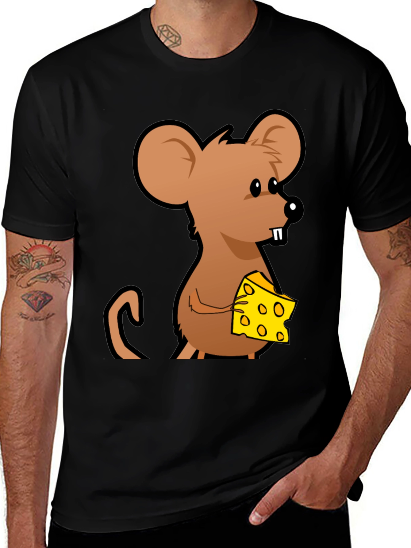 Variant 16 of Cartoon Mouse with Cheese Graphic T-Shirt - Black