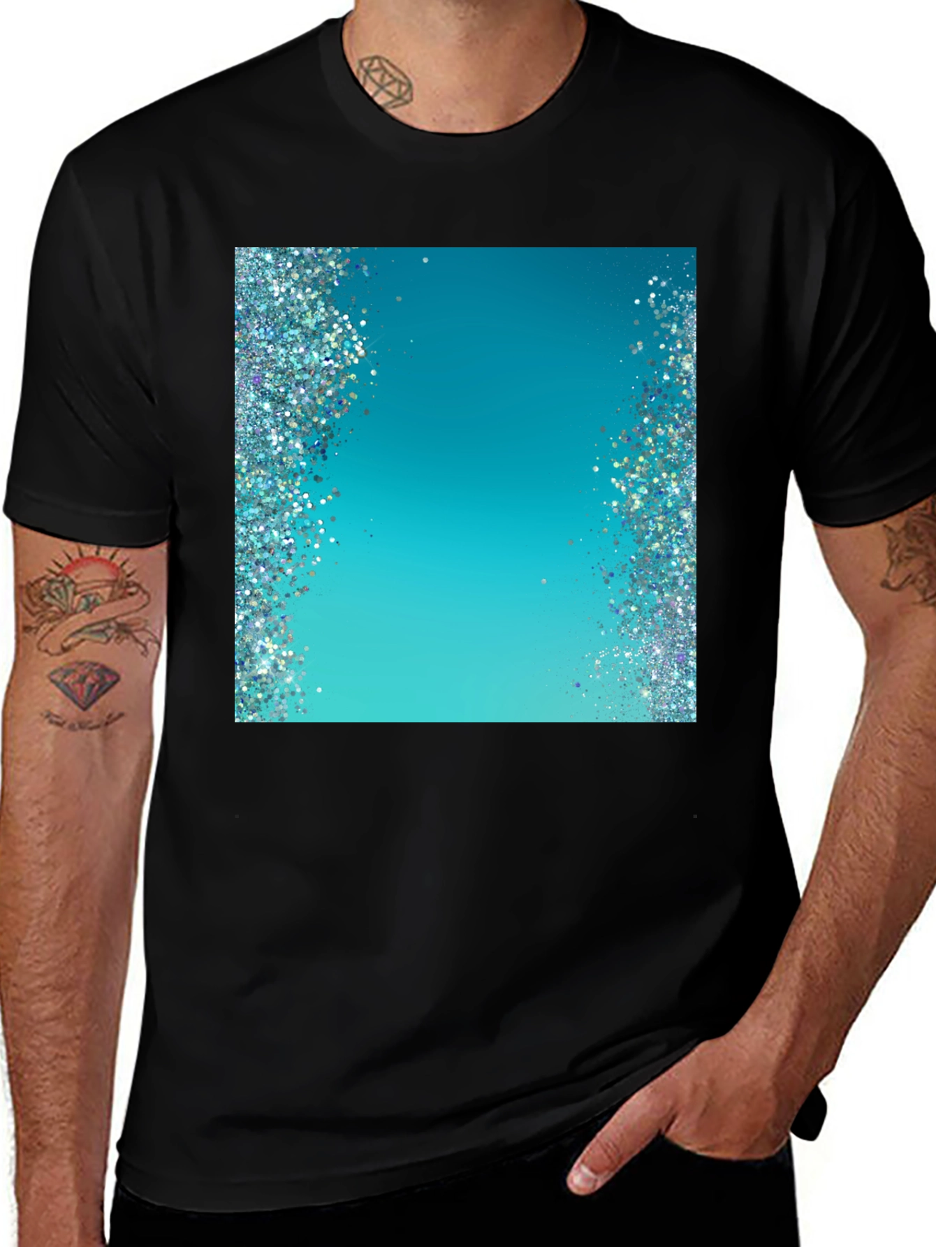 Stylish Black T-Shirt with Glittering Blue Design