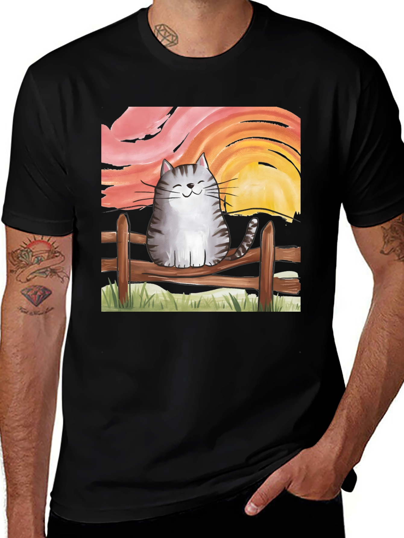Black Cat on Fence Sunset Graphic Tee main image