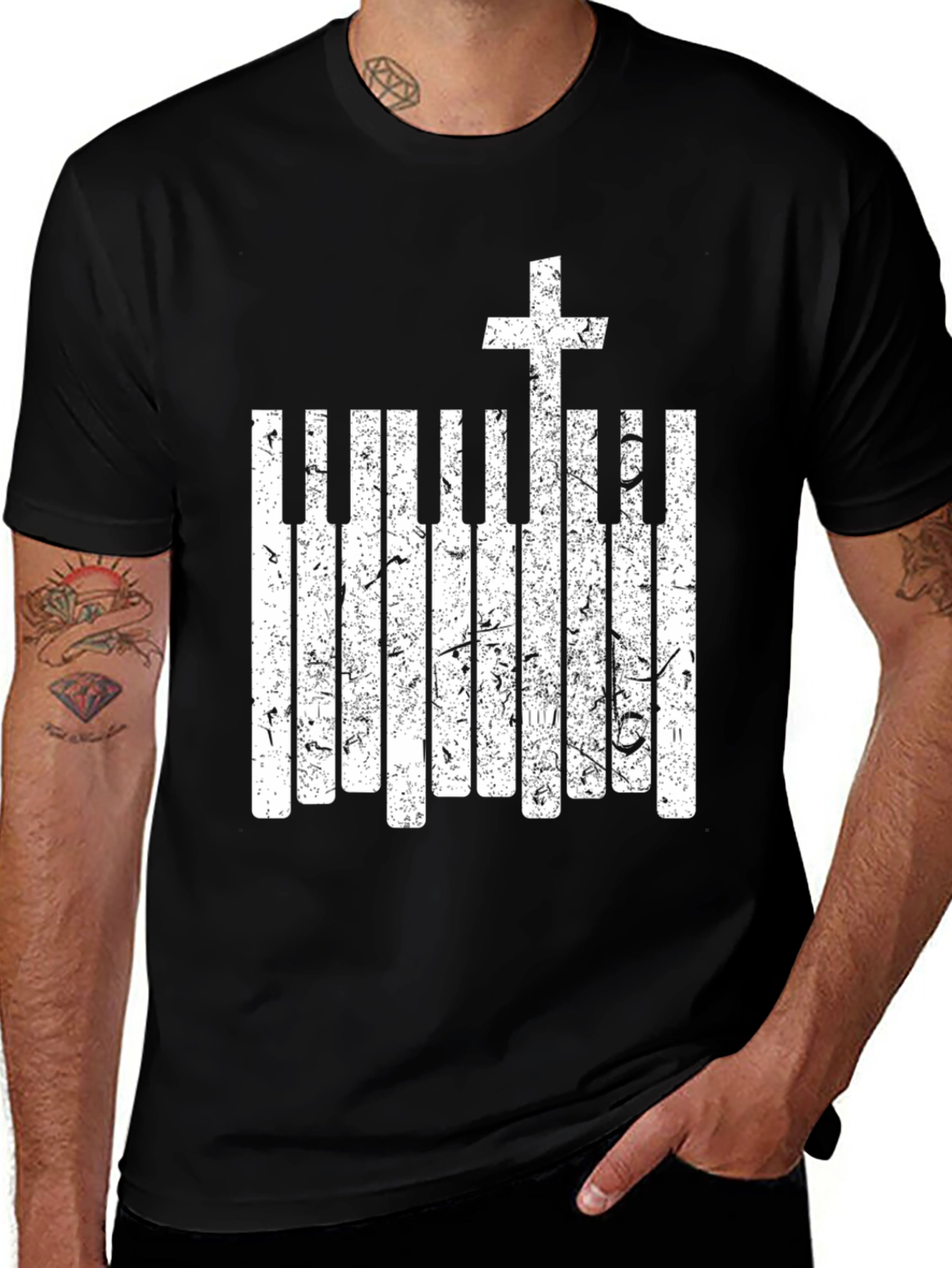 Variant 3 of Piano Keys Cross Graphic Black T-Shirt