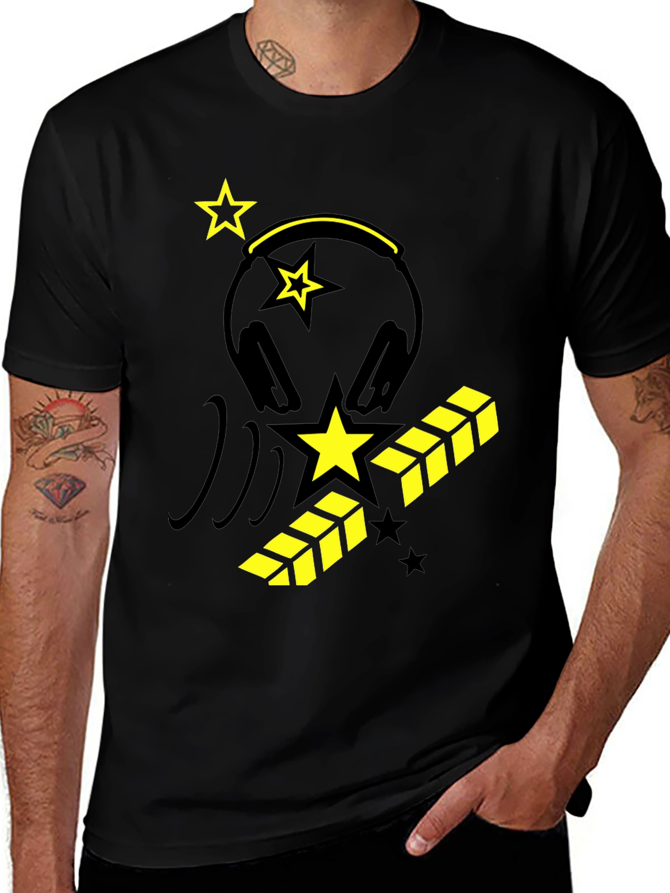 Variant 9 of Cool Black T-Shirt with Headphones and Stars Design