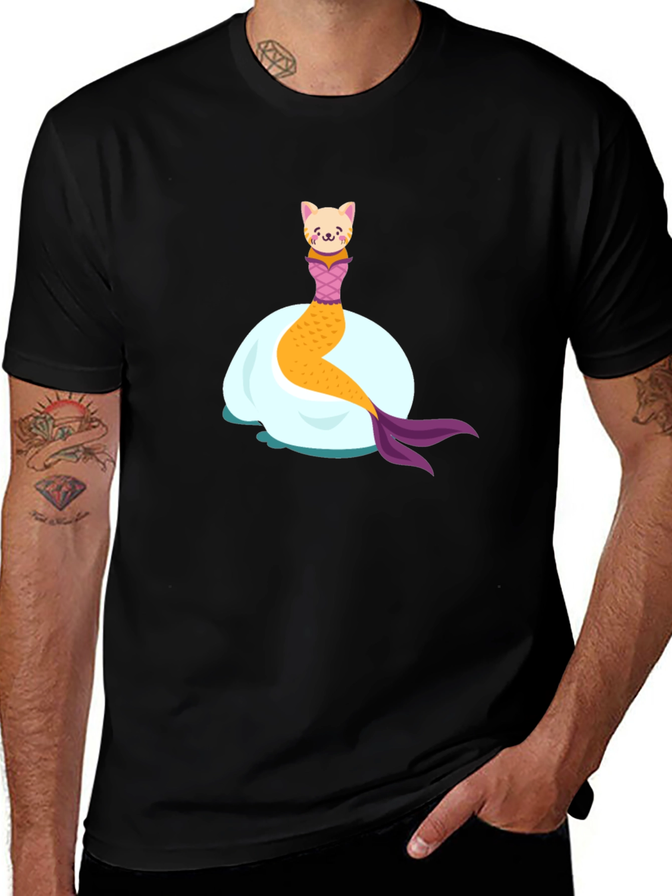 Variant 30 of Cat Mermaid Graphic T-Shirt - Black