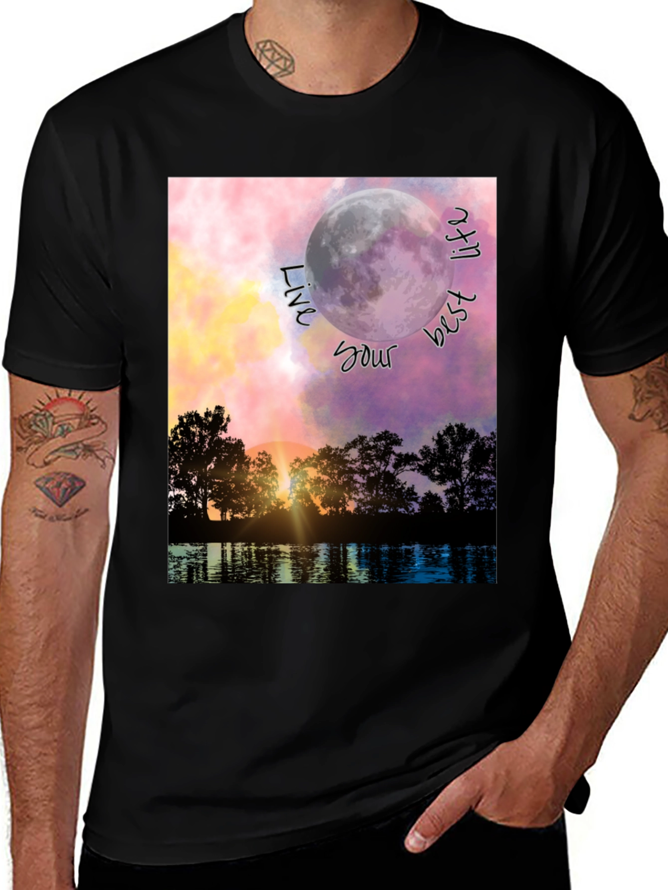 Variant 4 of Live Your Best Life T-Shirt - Moon & Lake Design