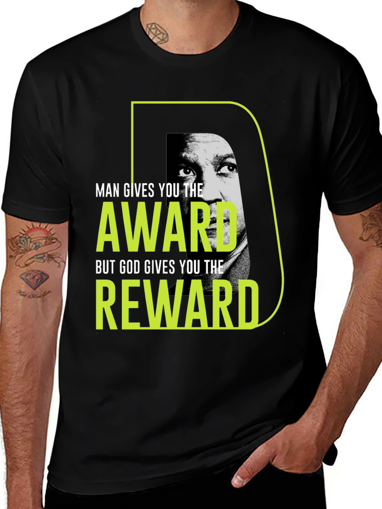 Variant 30 of Inspirational Graphic T-Shirt - Man Gives Award, God Gives Reward