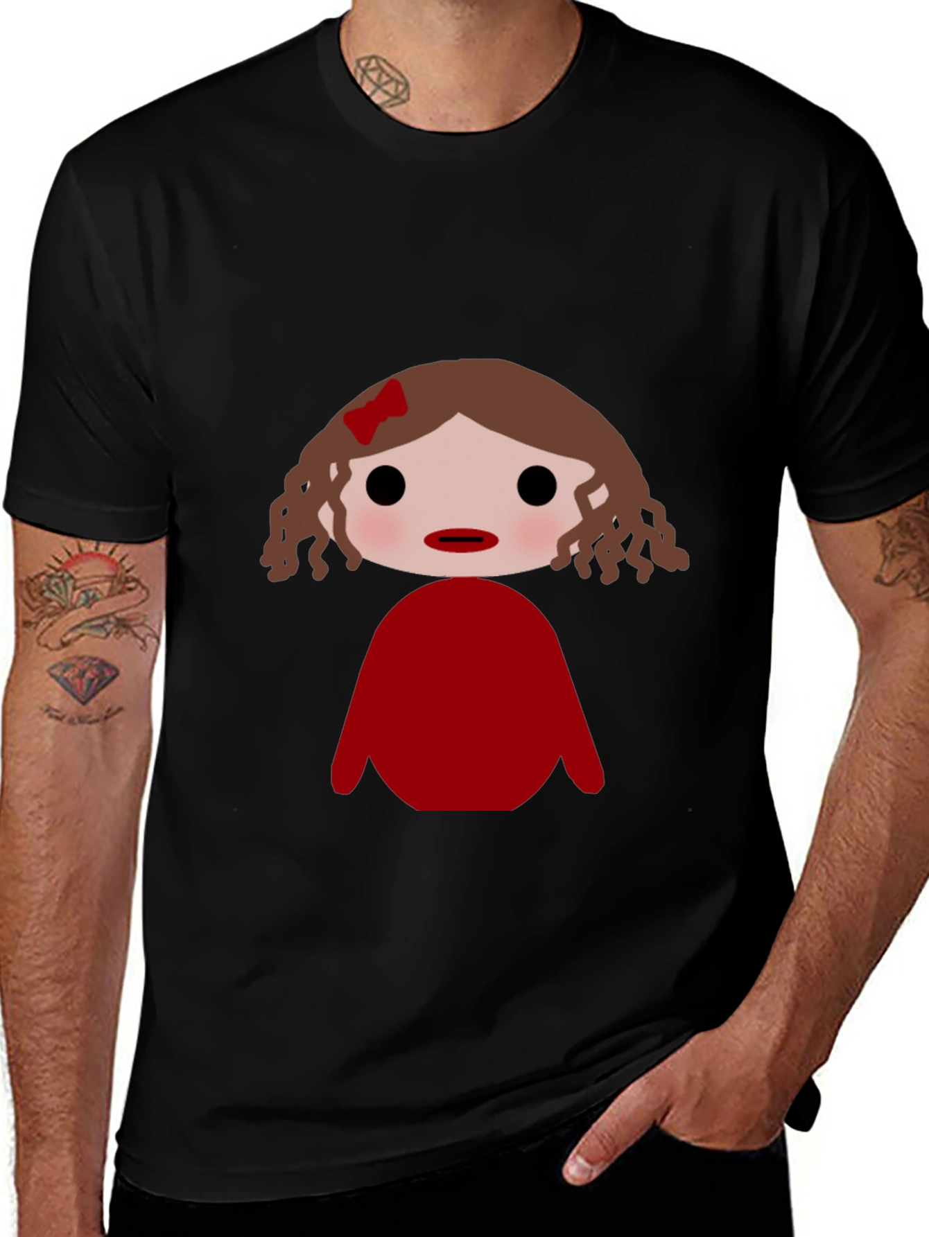 Cute Cartoon Doll Graphic Tee - Black Unisex T-Shirt