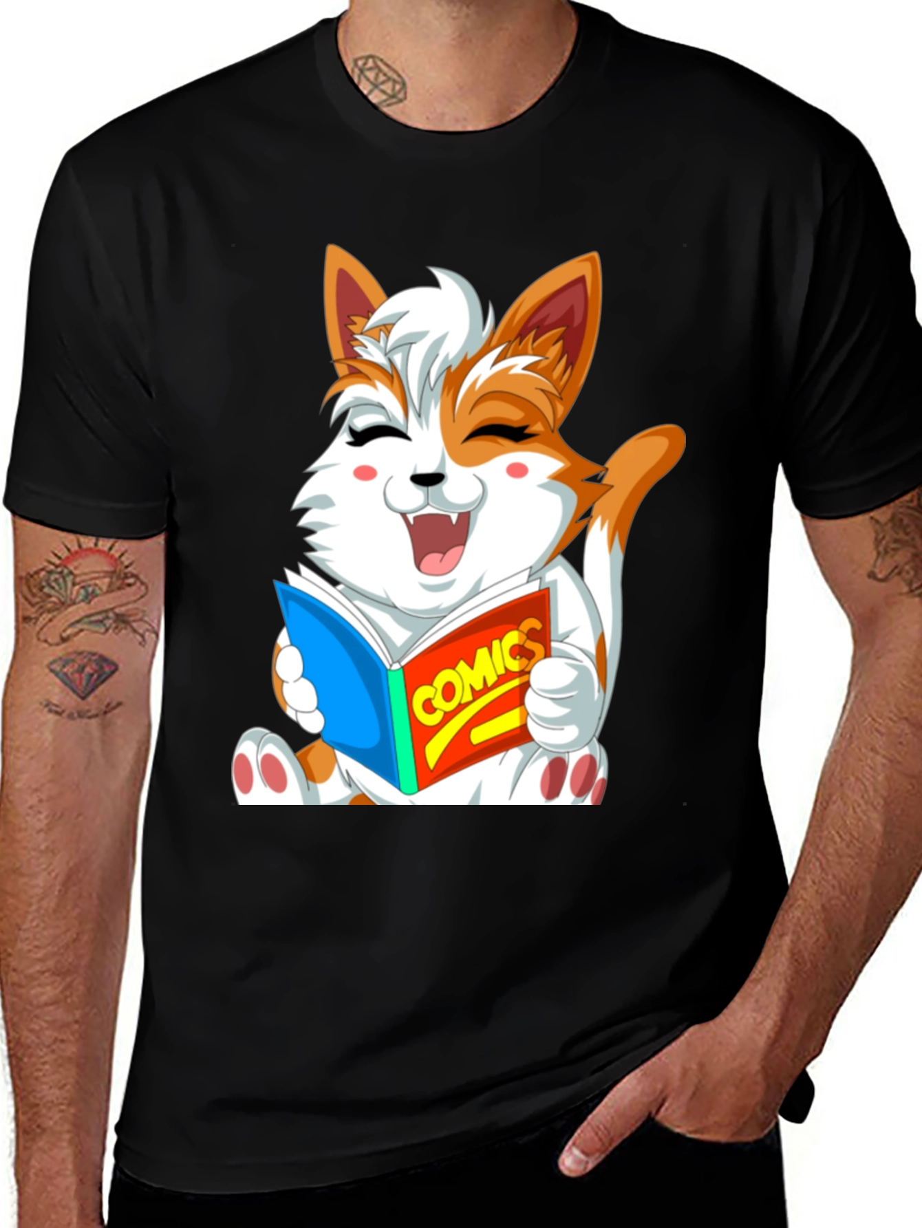 Variant 19 of Cartoon Cat Reading Comics Graphic Tee