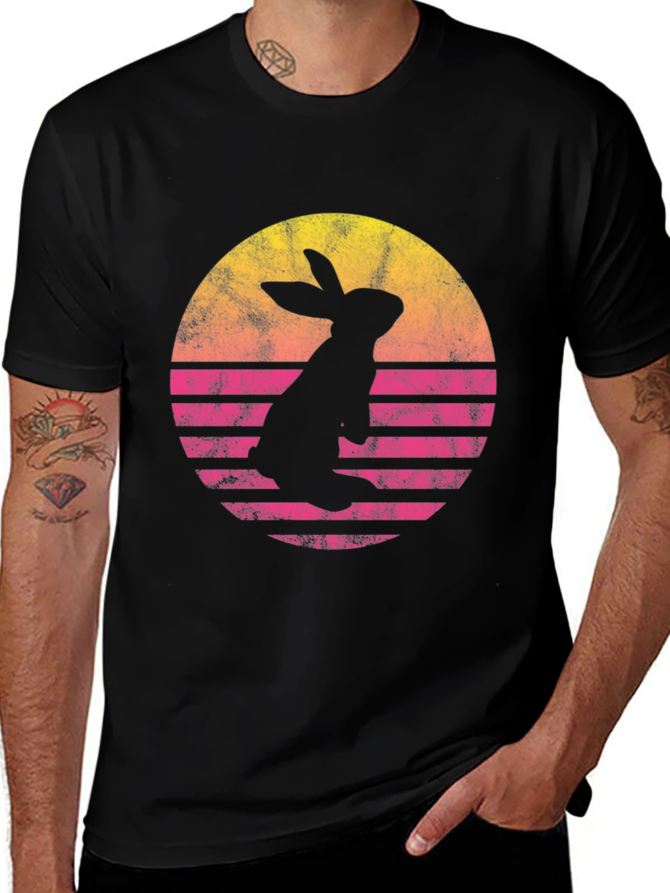 Variant 18 of Retro Rabbit Sunset T-Shirt - Black Cotton Blend Tee