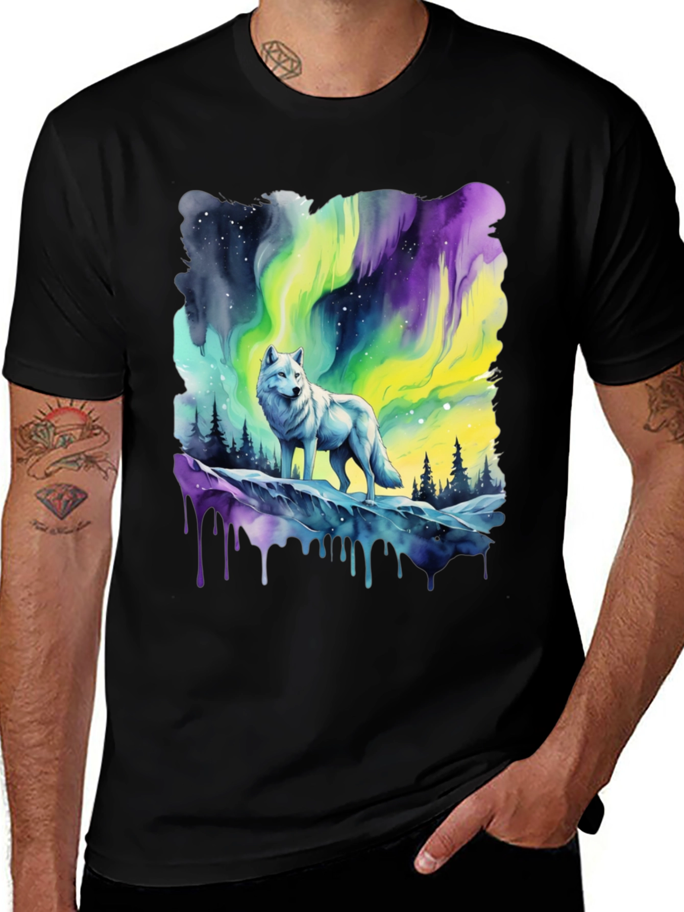 Variant 24 of Aurora Wolf Graphic Tee - Northern Lights Design