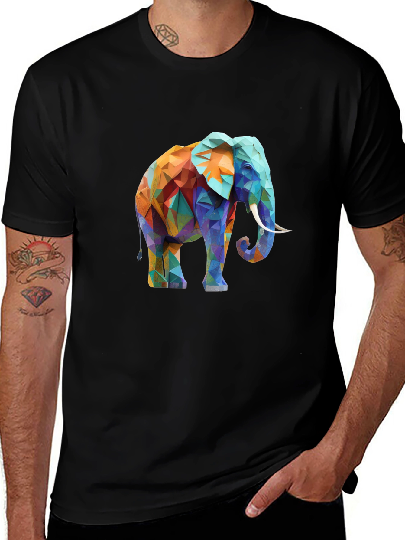 Variant 25 of Geometric Elephant Print Black T-Shirt
