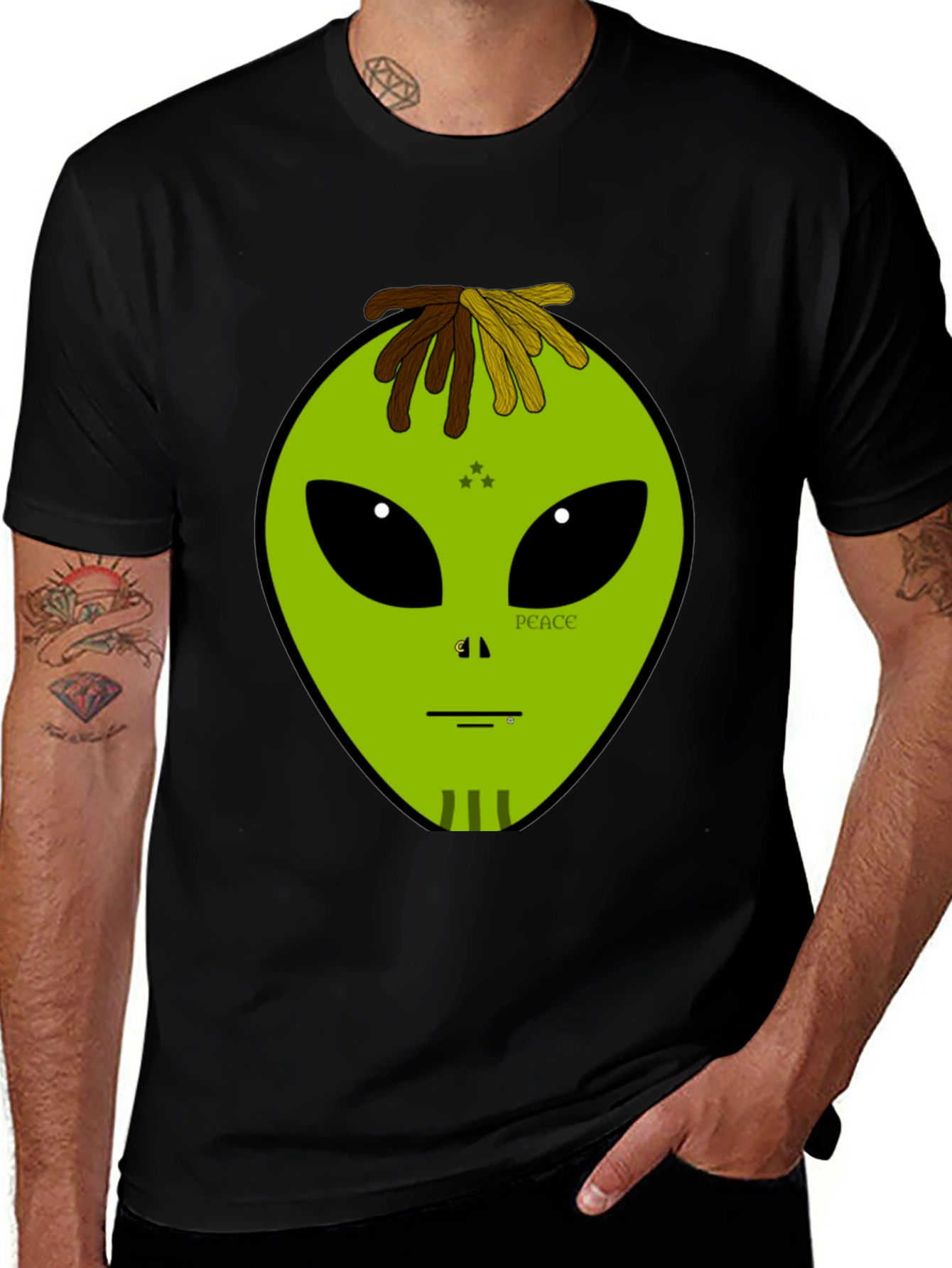 Alien Head Peace Sign Graphic Black T-Shirt