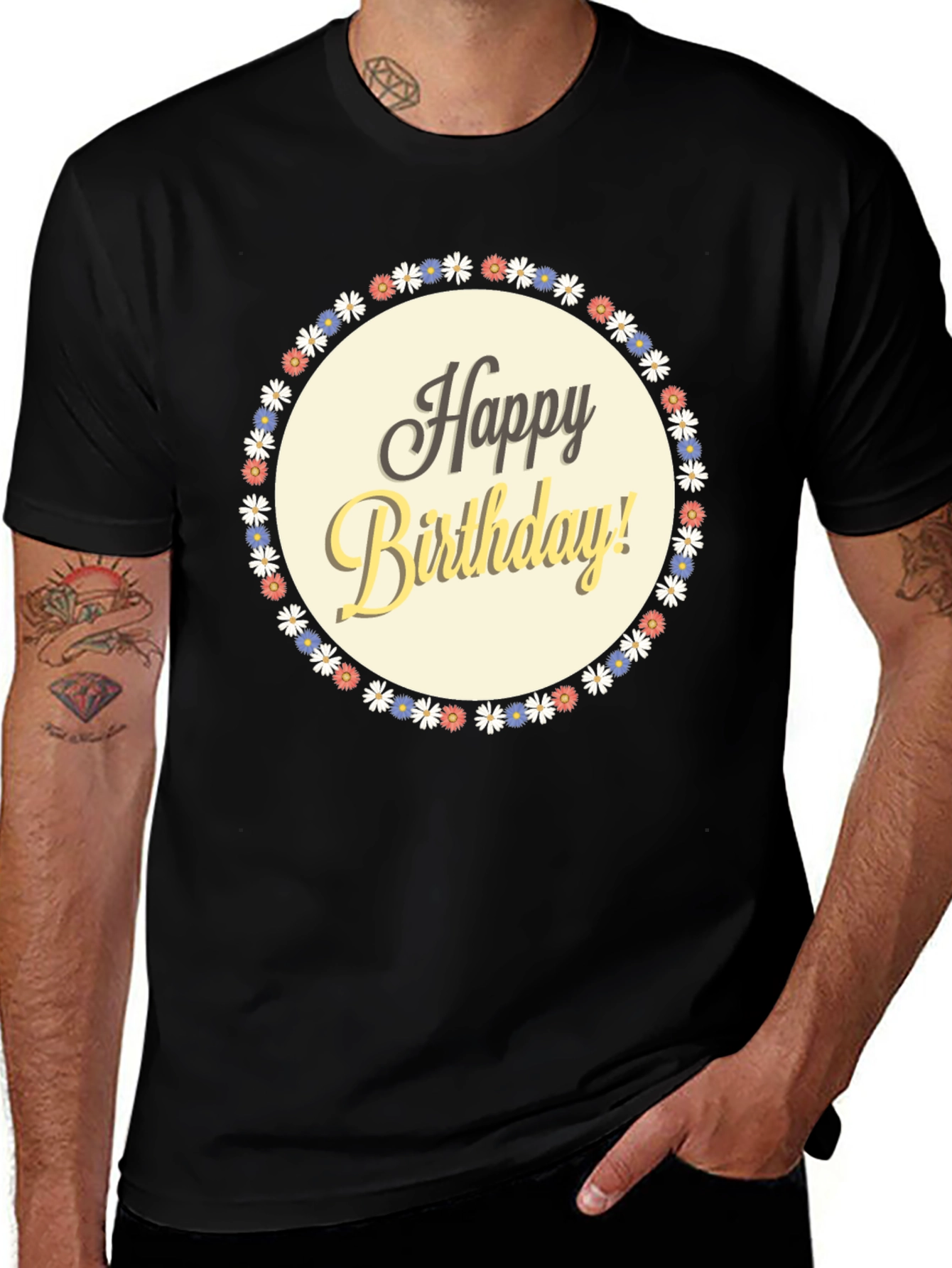 Variant 23 of Happy Birthday Graphic T-Shirt - Floral Circle Design