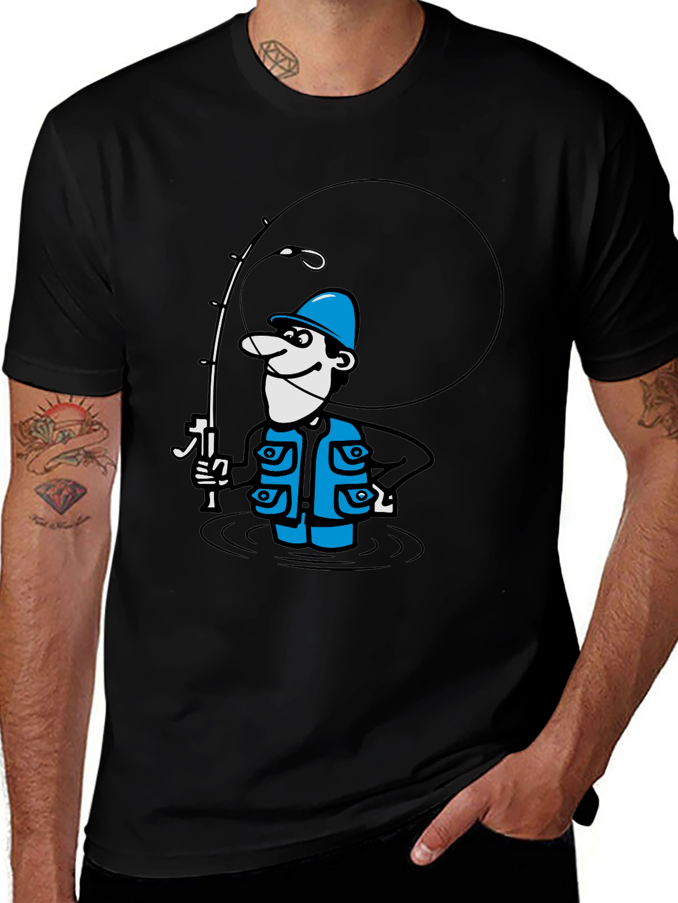 Variant 26 of Cartoon Fisherman Graphic Tee - Black