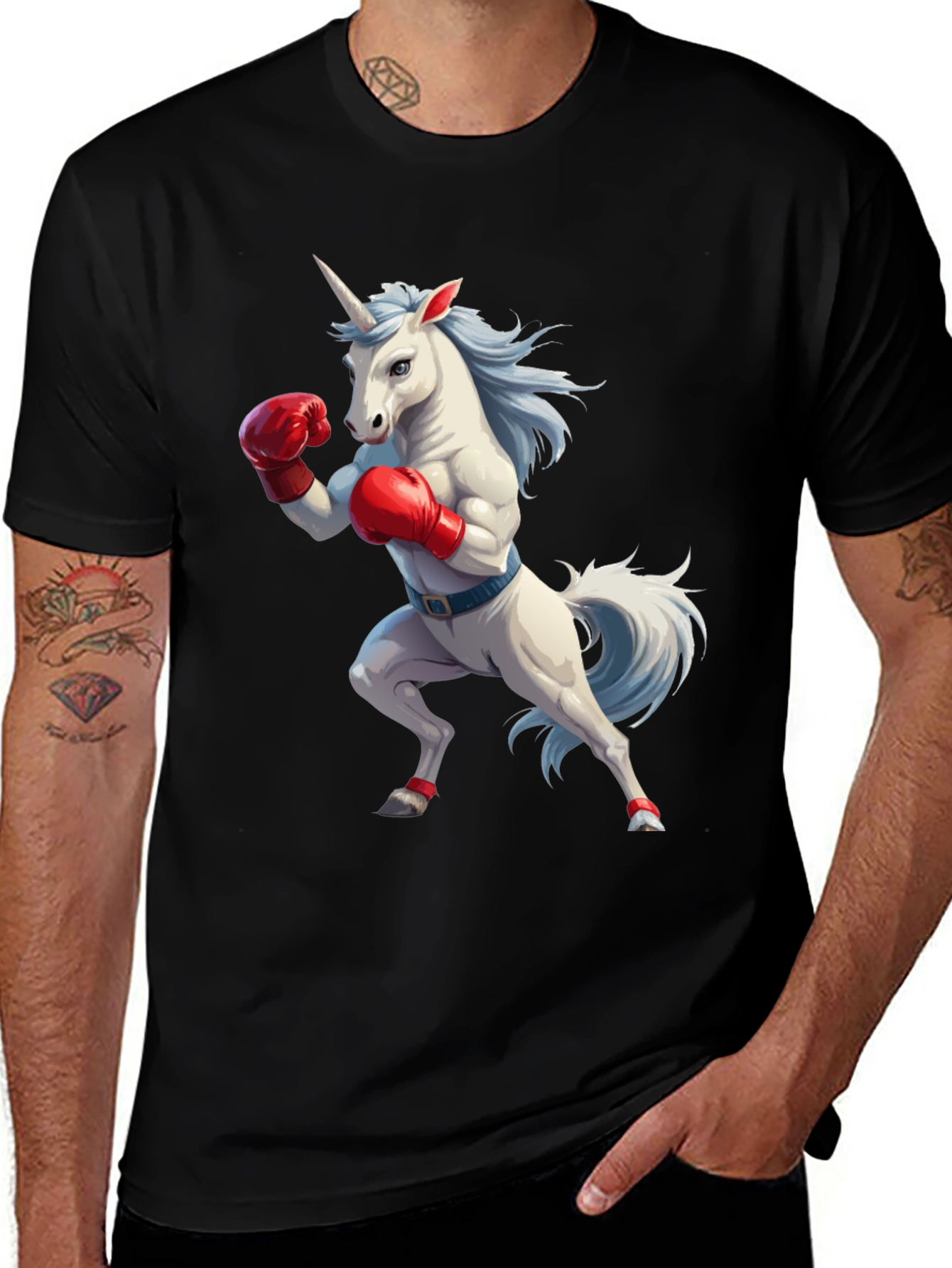 Variant 19 of Unicorn Boxer Graphic Tee - Men's Black Cotton T-Shirt