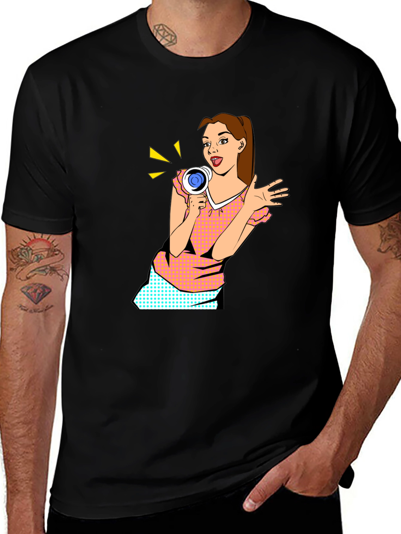 Variant 21 of Pop Art Woman with Megaphone Graphic Tee - Black
