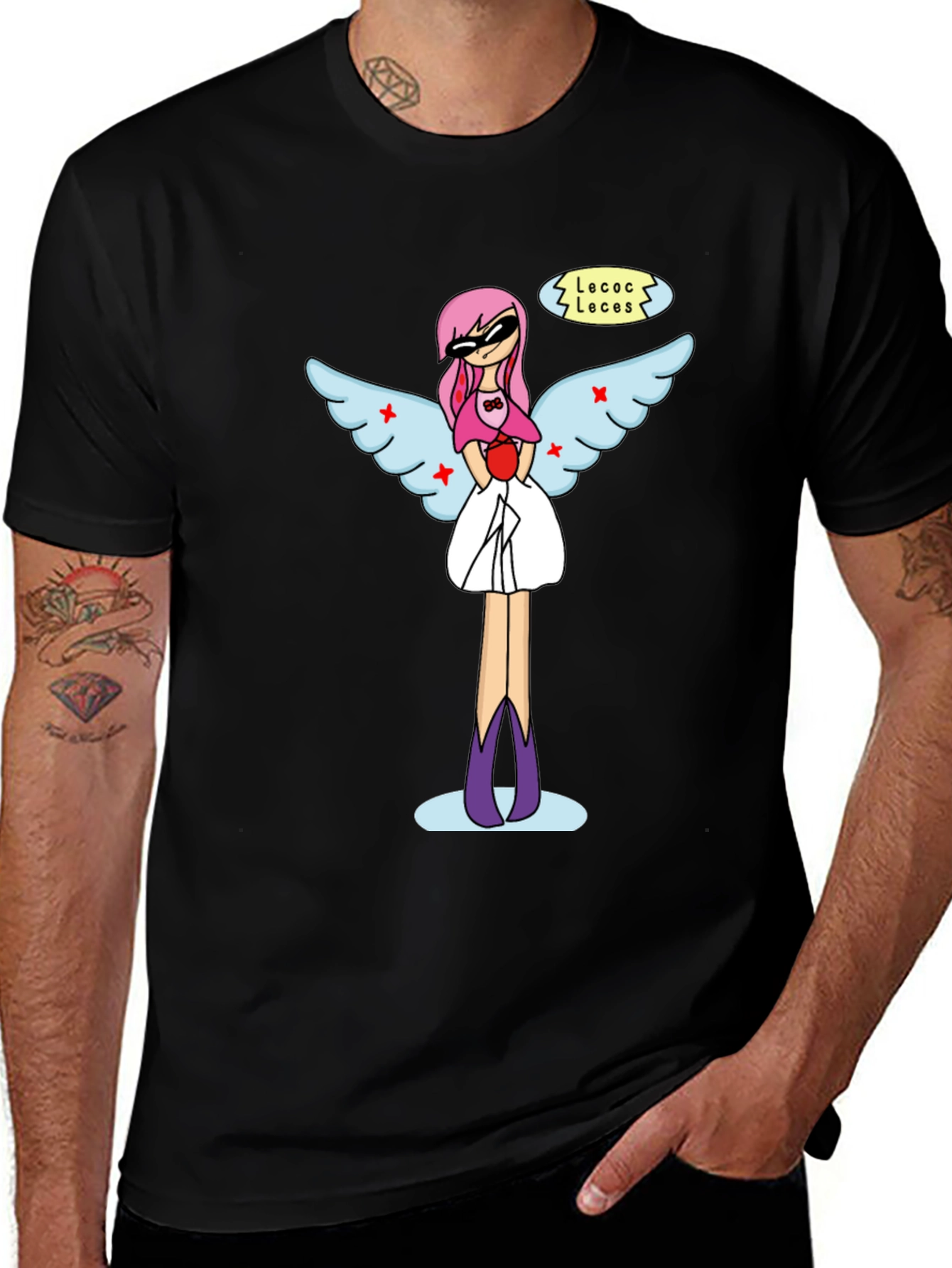 Variant 10 of Whimsical Angel Graphic Tee - Black Cotton Blend