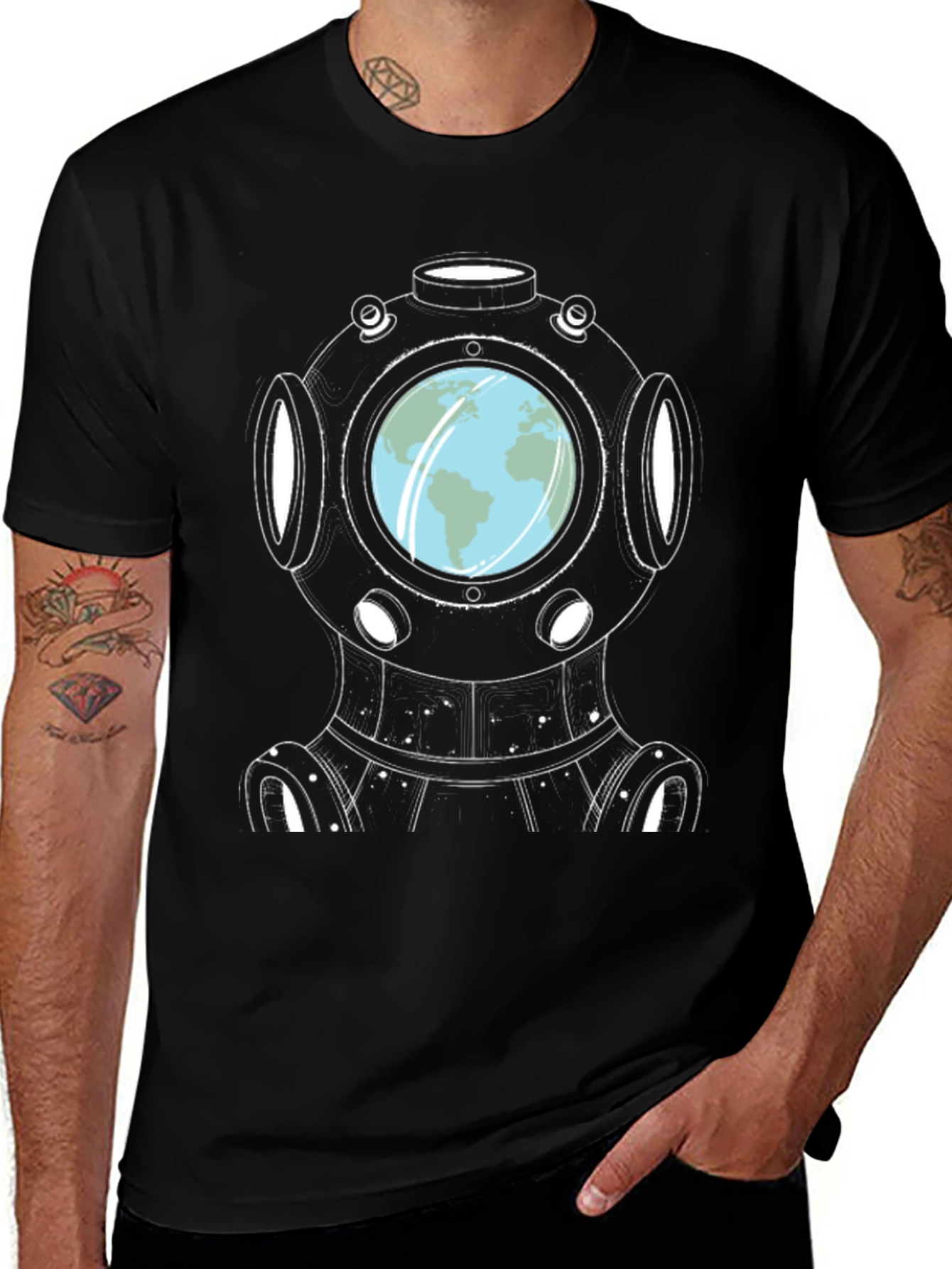 Variant 13 of Diver Helmet Earth Graphic Tee - Cool Black T-Shirt