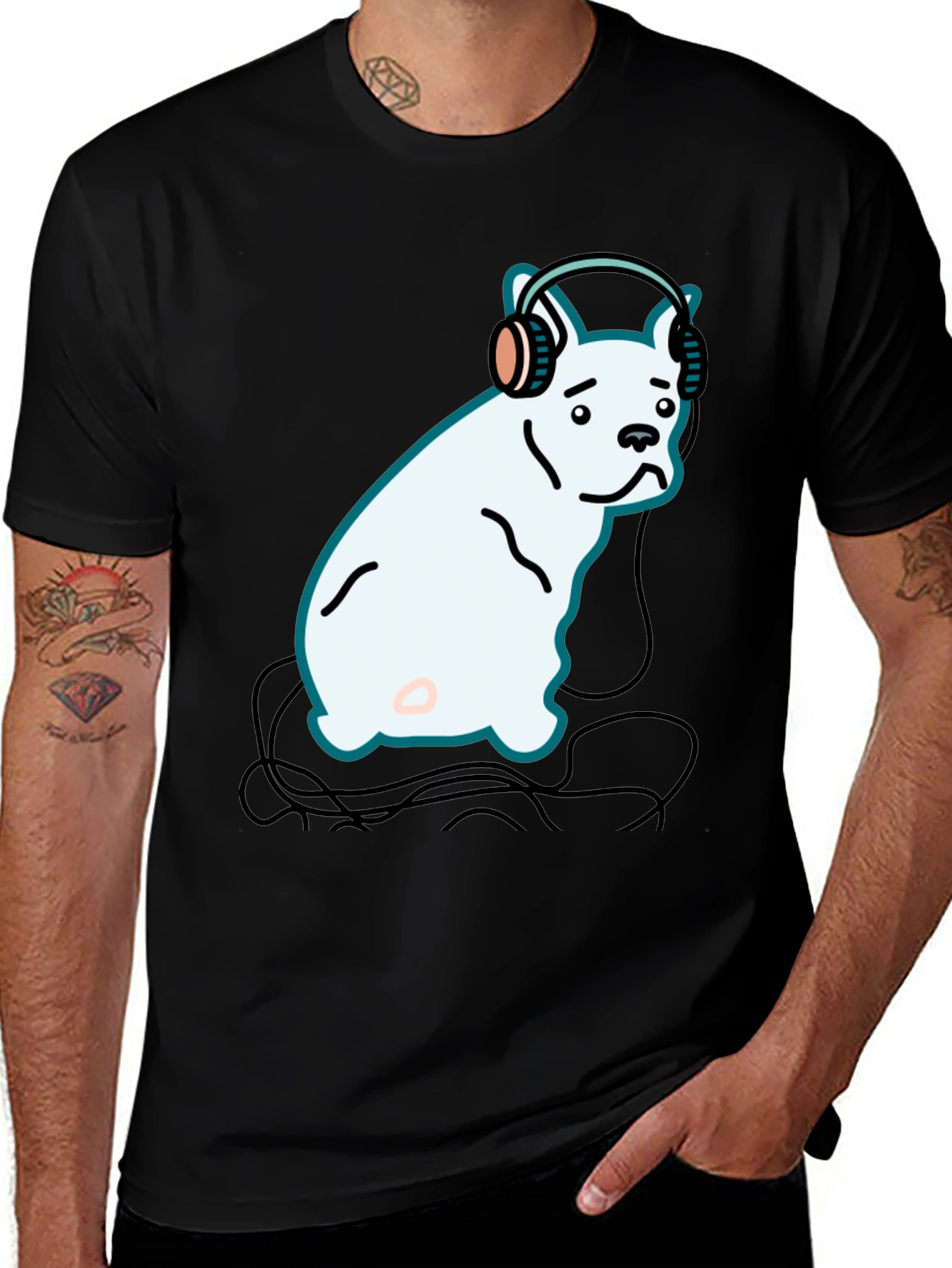 Variant 16 of Dog with Headphones Graphic Tee - Black